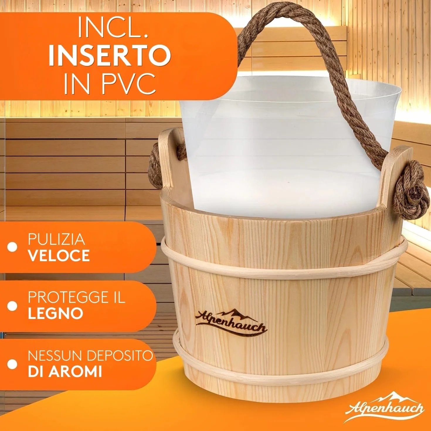 ALPENHAUCH Secchio per sauna con cucchiaio in legno naturale - Set accessori sauna con clessidra e termometro