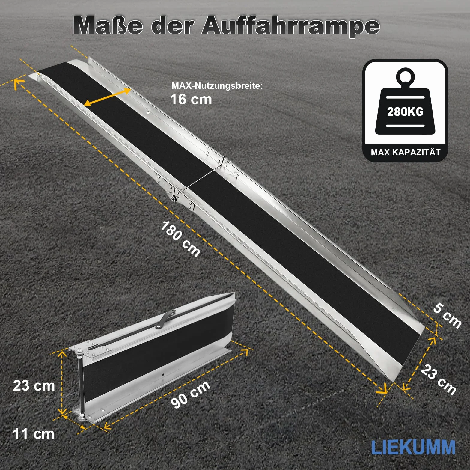 LIEKUMM Rampa di Carico Moto, 180cm Rampa pieghevole in acciaio con pellicola antiscivolo, 280KG capacità Rampa resistente per moto ATV Van Mower