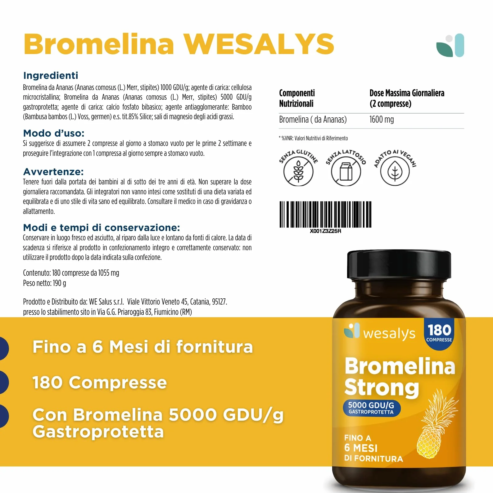 Bromelina Forte 5000 GDU/g Gastroprotetta 180 Compresse 1600mg Bromelina Pura Integratore Made in Italy