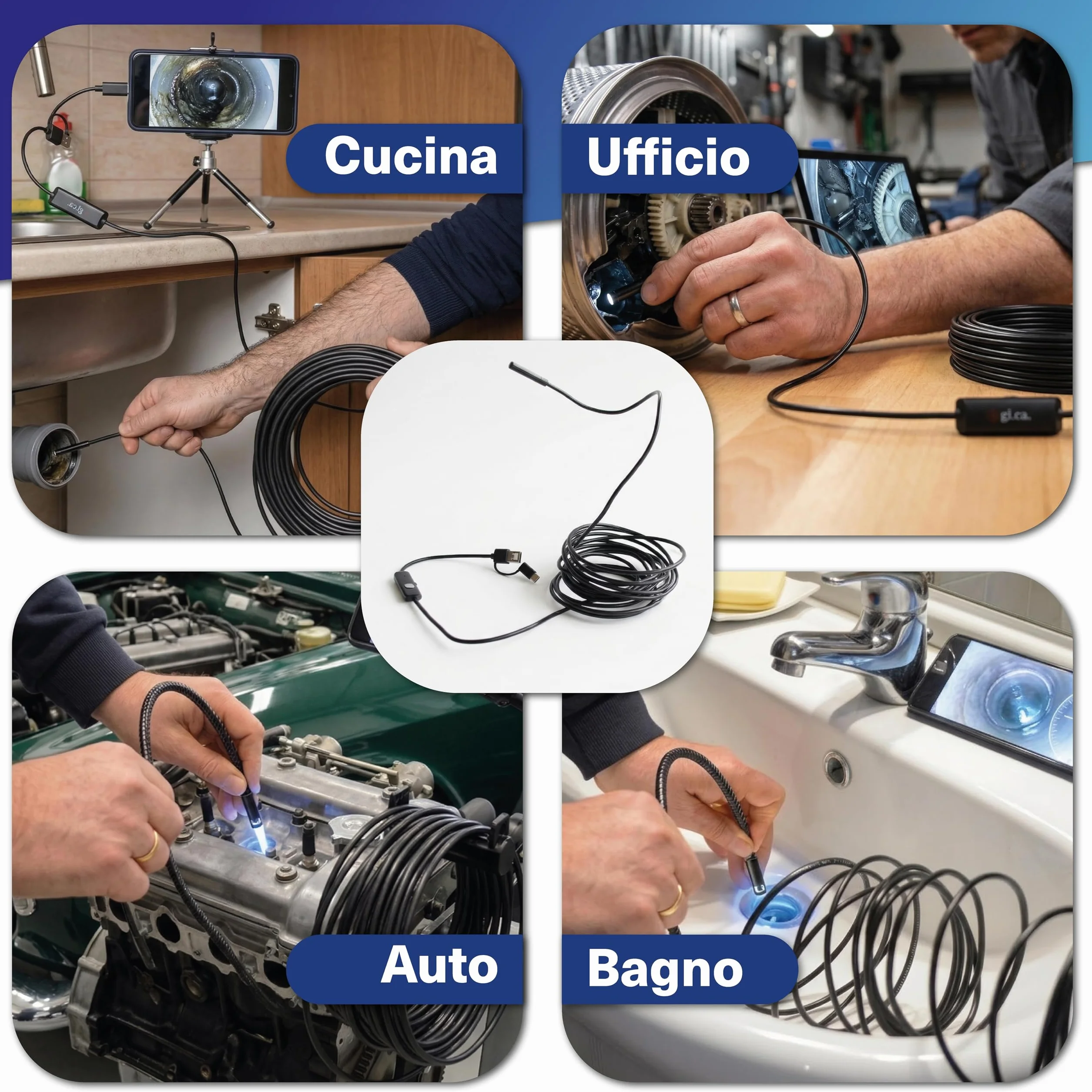 Endoscopio Smartphone 5m Full HD IP67 Impermeabile LED Regolabili USB-C Sonda Ispezione Tubi