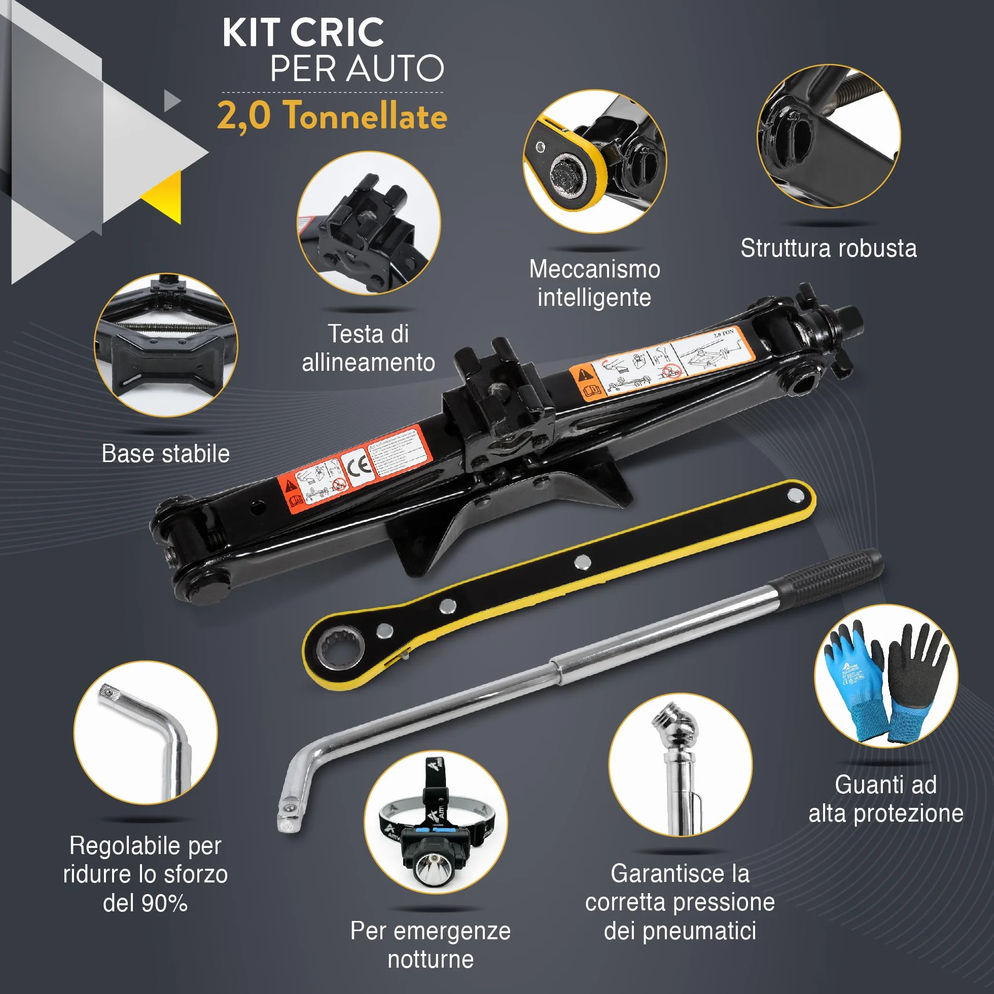 Cric a forbice per auto 2 tonnellate portatile per SUV e auto con chiave inglese