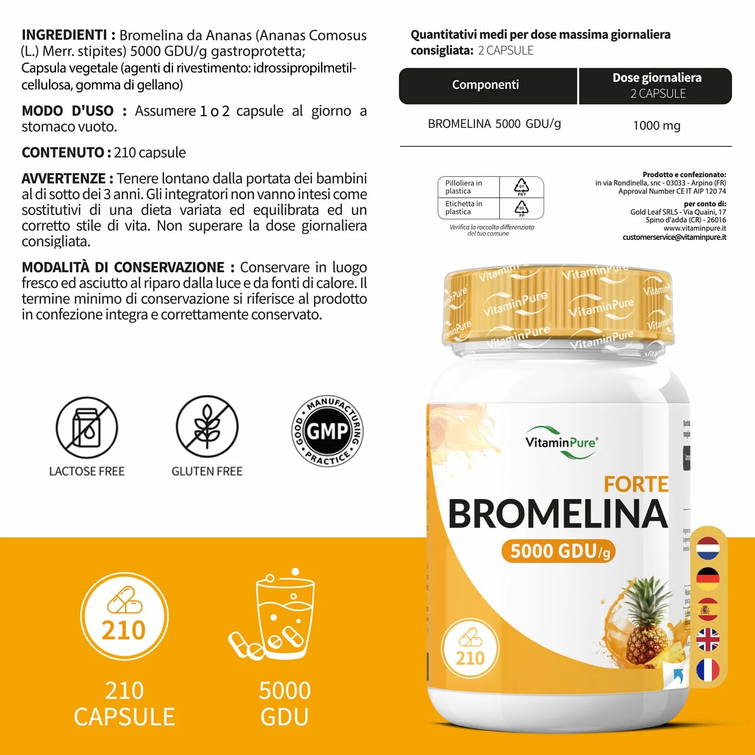 Bromelina Forte 5000 GDU/g 210 Capsule Gastro-Resistenti Integratore Ananas