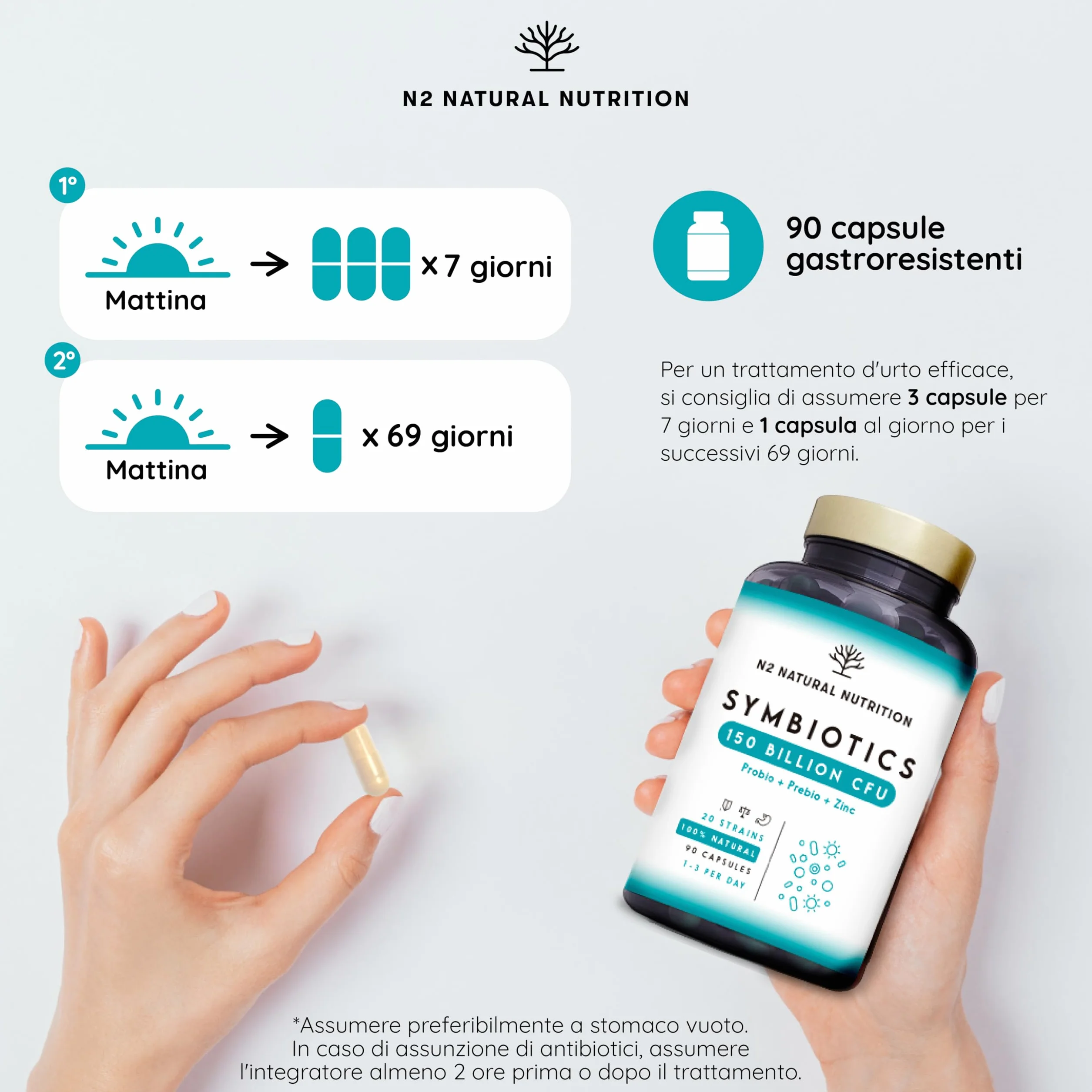 N2 Natural Nutrition Fermenti Lattici Probiotici 150 Miliardi UFC 20 Ceppi 90 Capsule Vegano