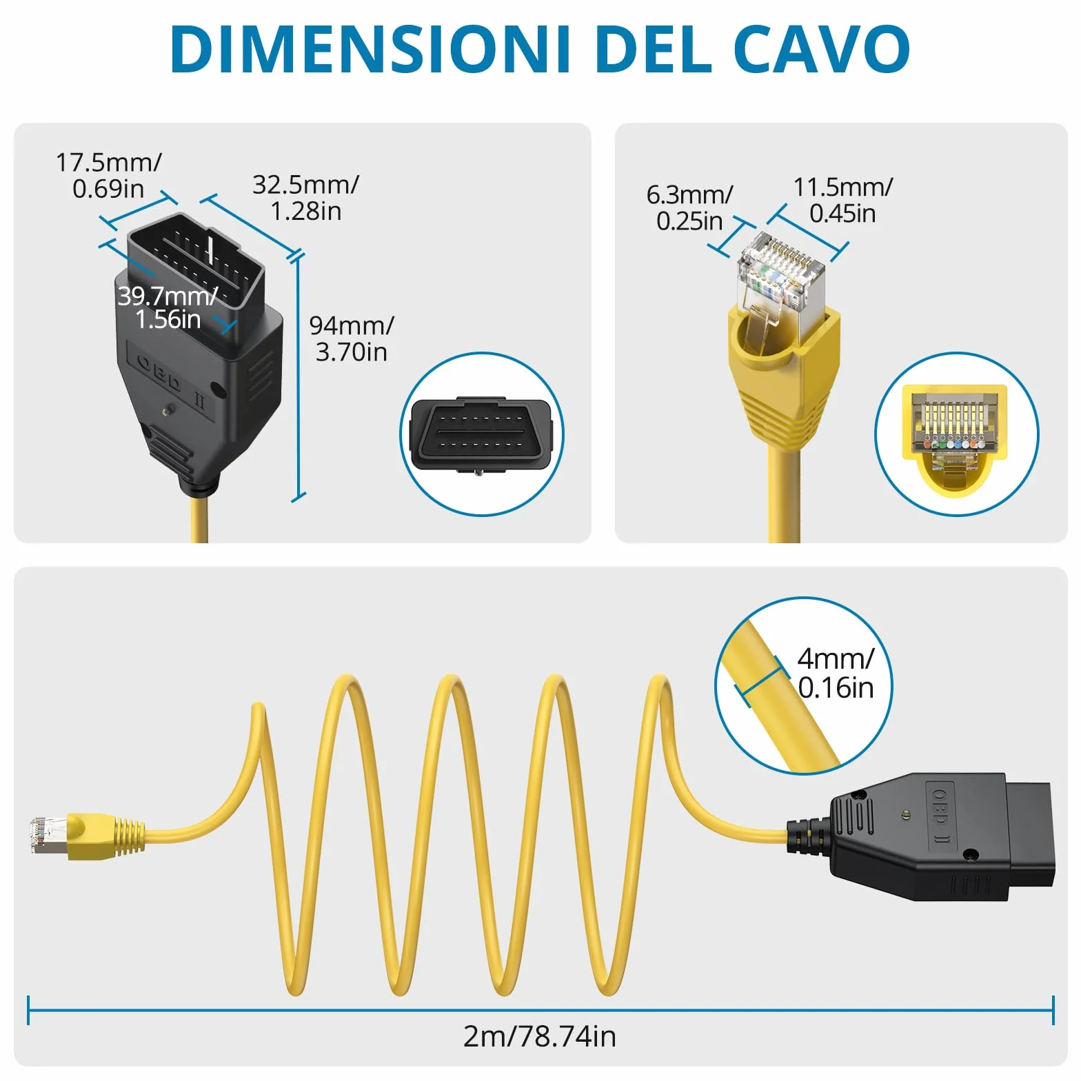 Cavo Ethernet OBD2 RJ45 AUTOUTLET per Diagnosi Programmazione Modelli Serie F 1/3/5/6/7/X 2 Metri