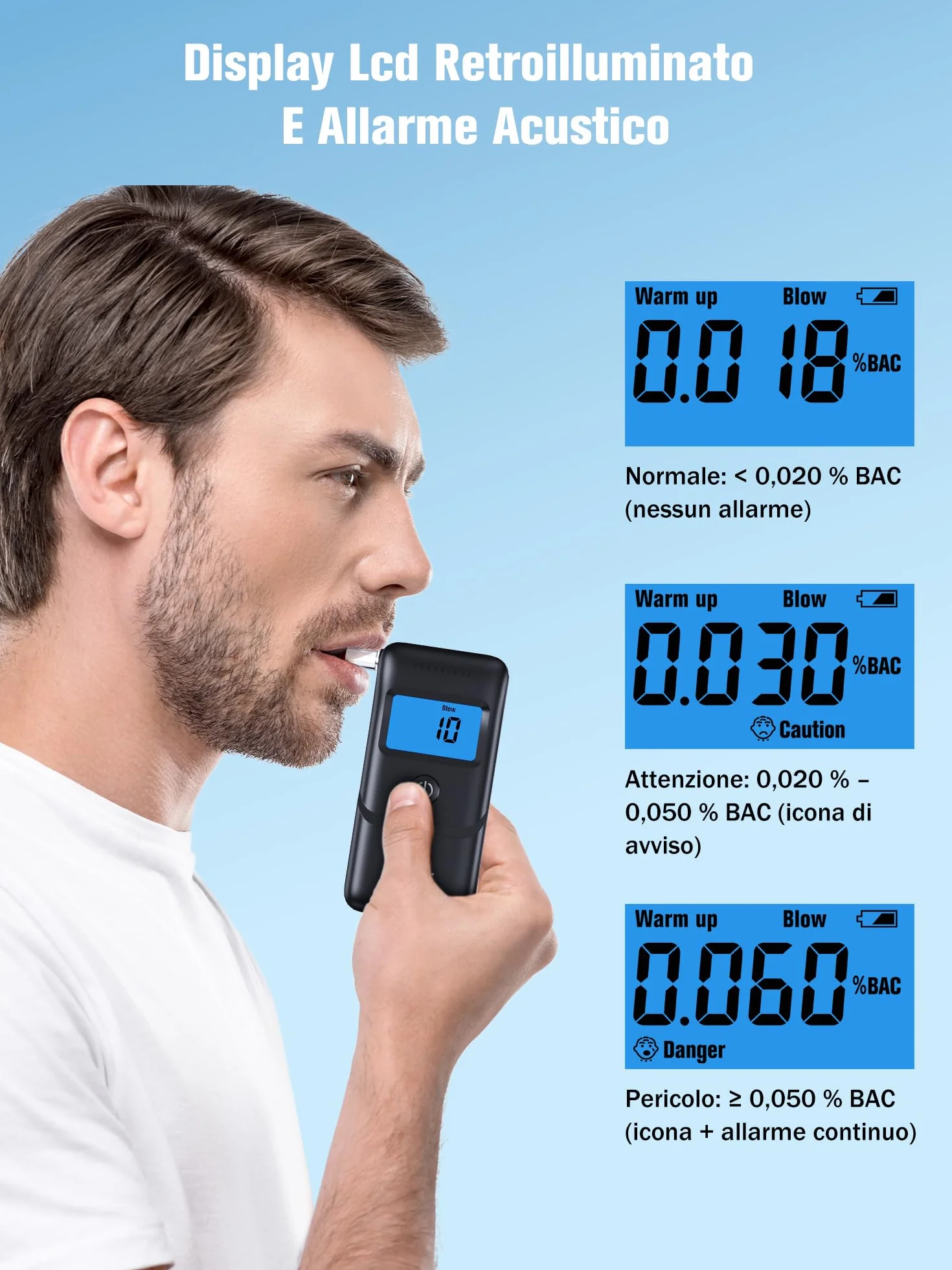 Etilometro Portatile Certificato Alcol Test Professionale con Display LCD Blu Digitale 10 Bocchini