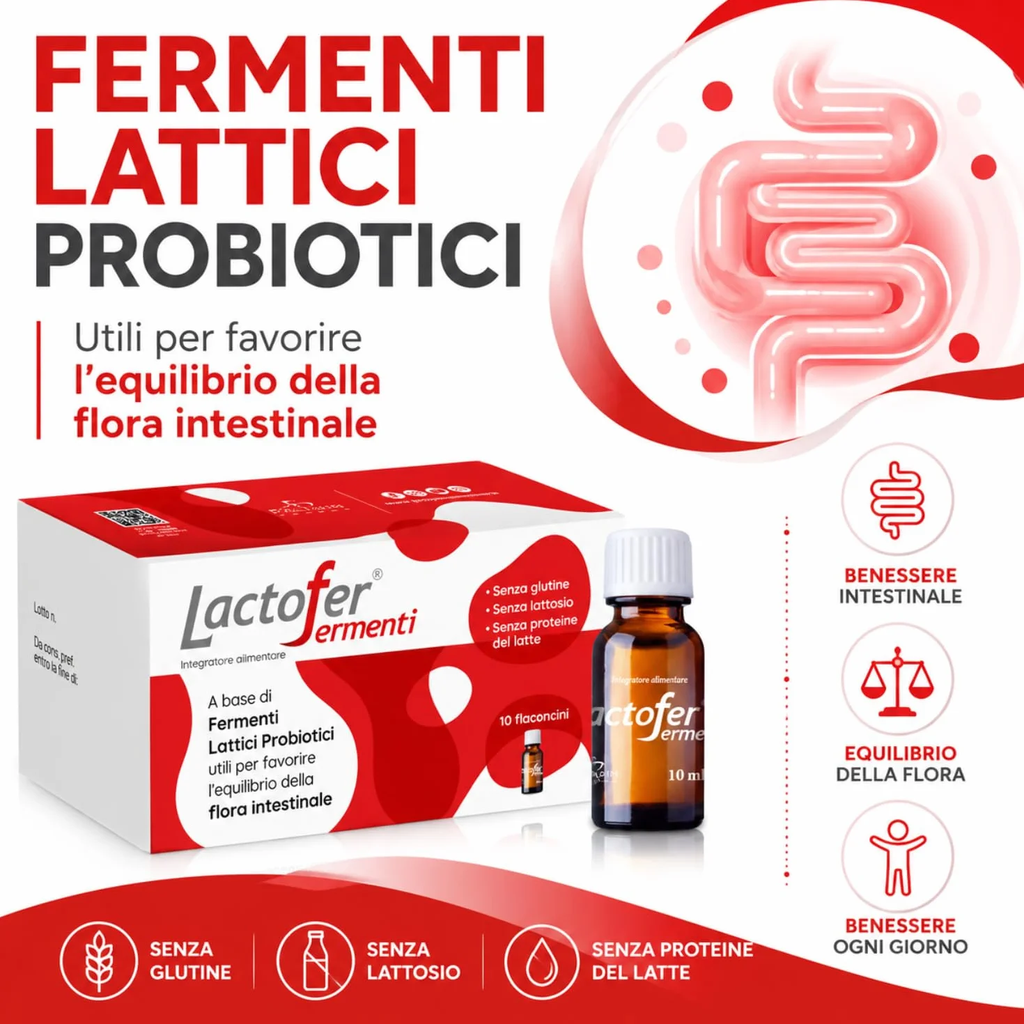 Paladin Pharma Lactofer Integratore Ferment Lattici Probiotici Senza Zucchero 10 Flaconcini 10 Ml Rosso