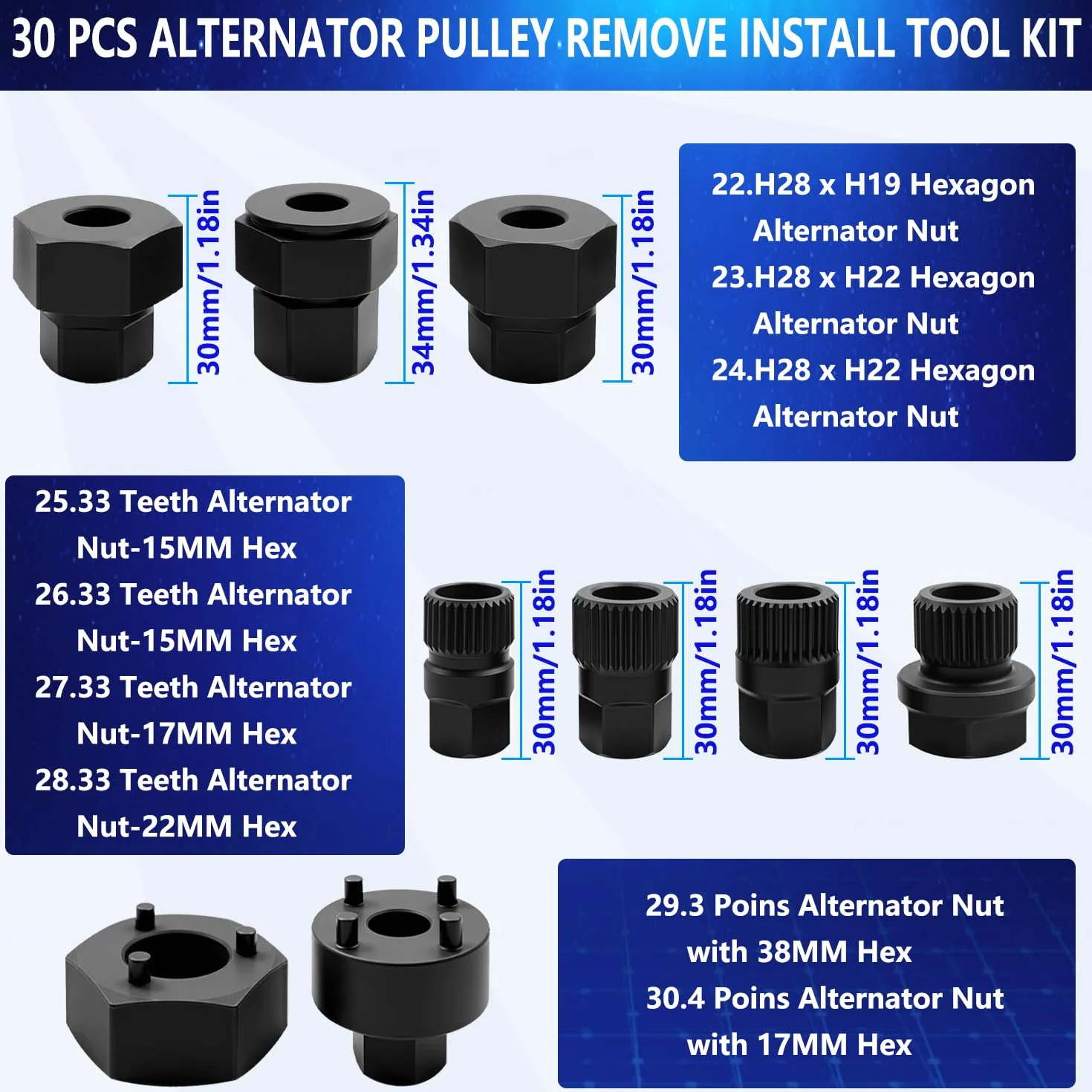 ZKTOOL 30PCS Strumenti per la Rimozione della Puleggia Alternatore Automobilistico, Rimozione Frizione Generatore, Estrattore del Volano, Set Strumento per la Puleggia della Cinghia del Generatore
