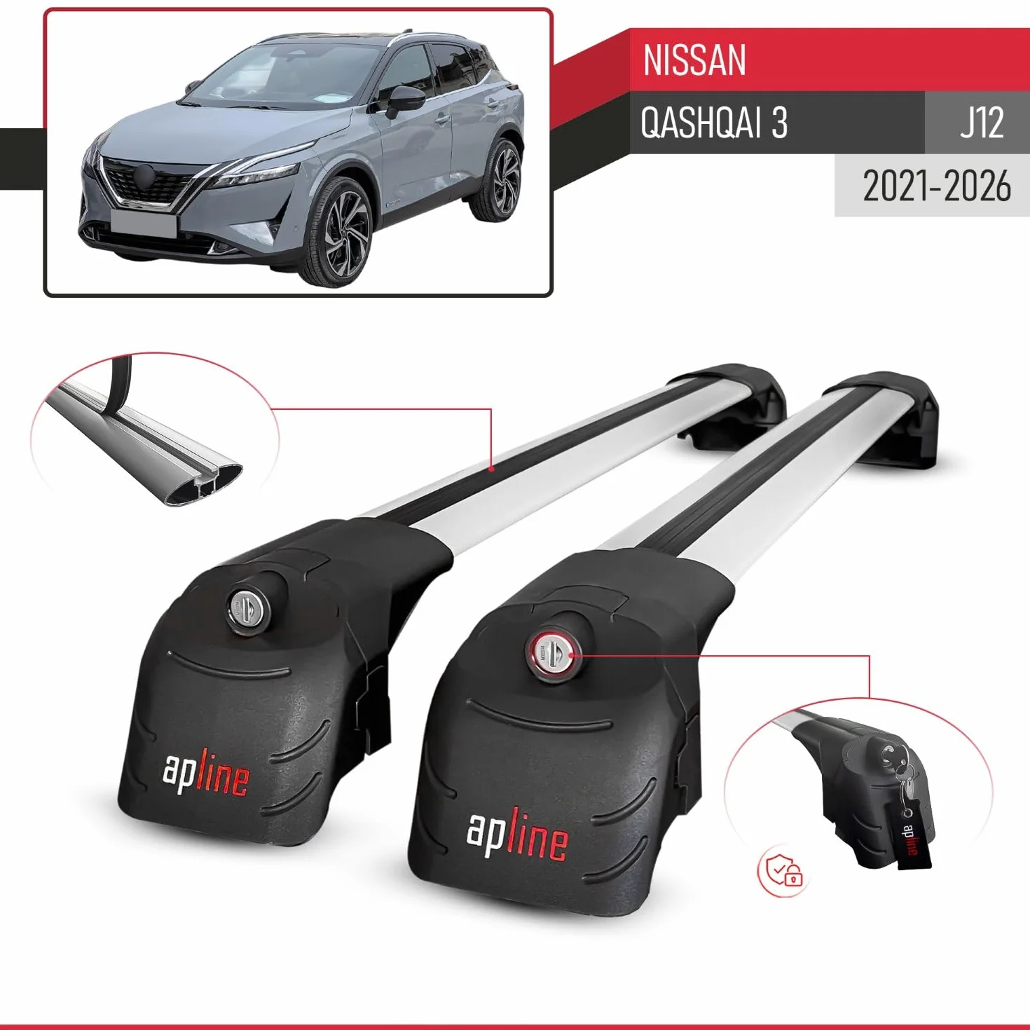 Compatibile con Nissan Qashqai 3 (J12) 2021-2026 Modello ACE-2 Barre Tetto Portapacchi Auto Barre Portatutto Grigio Alluminio 2 Barre