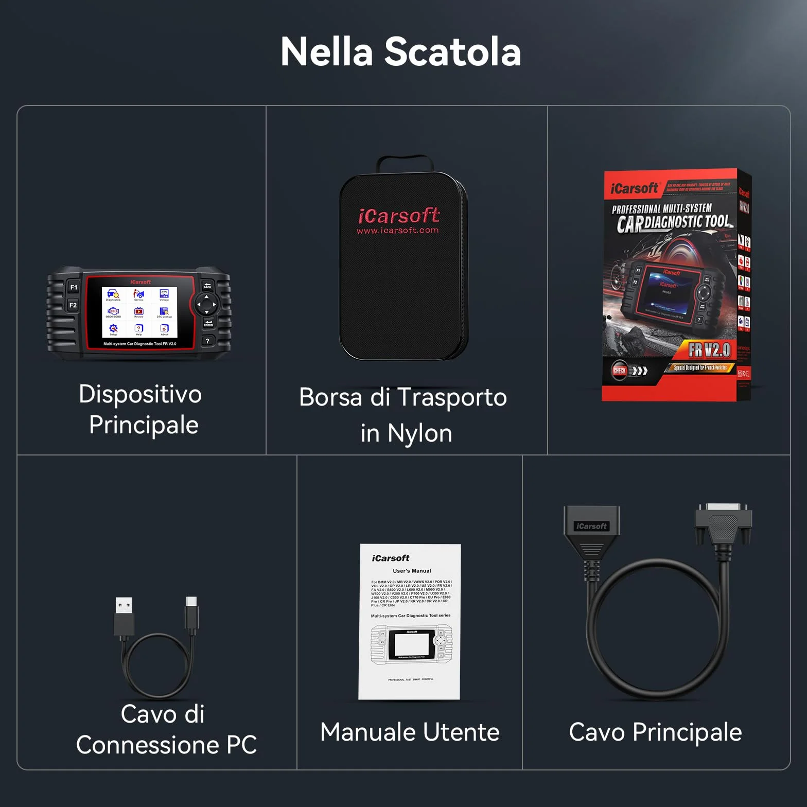 iCarsoft FR V2.0 OBD2 Diagnostica Auto Francesi e Italiani, Tutti i Sistemi, 9 Funzioni Ripristino, Aggiornamento a Vita
