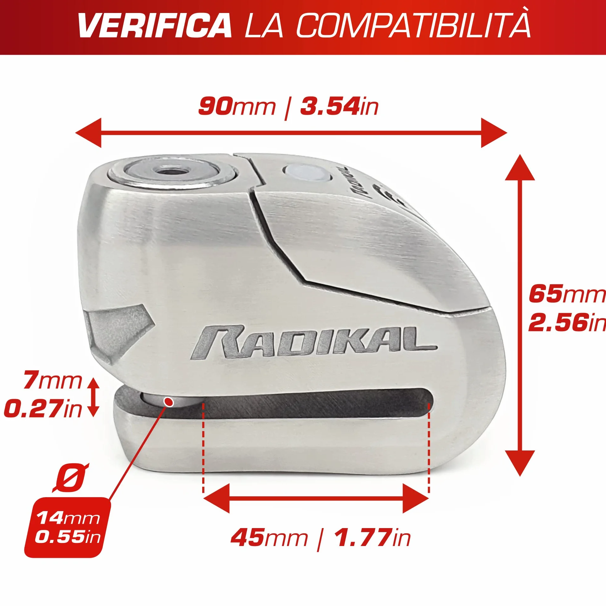RADIKAL RK14S Antifurto Moto Blocca Disco Premium con Allarme | Attivazione a scelta, 120dB, Avviso LED, Warning Preallarme | Lucchetto Omologato SRA, Acciaio Inossidabile Doppio Bloccaggio ø14, Inox