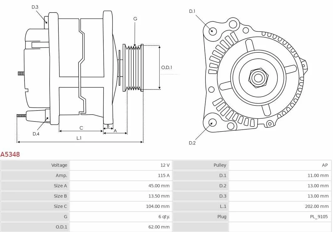 AS-PL Alternatore A5348 115A con puleggia