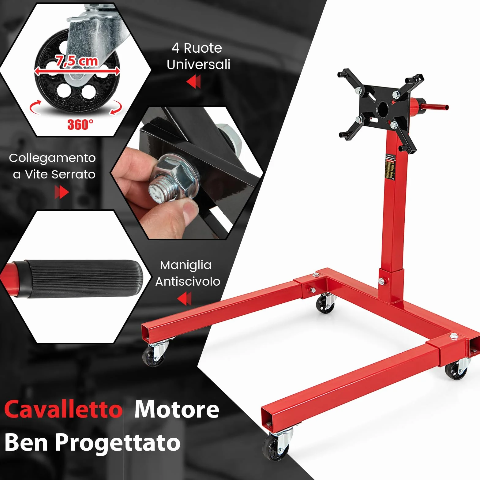 GYMAX Carrello Motore 680kg 3/8 Tonnellate Testa Girevole 360° 3 Ruote 4 Bracci Regolabili Supporto Motore Pesante