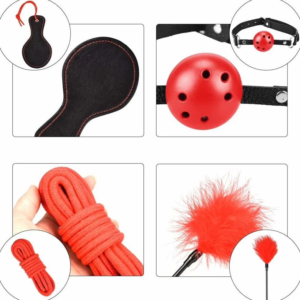 Qoosea 13 Pezzi Set Bondage Sex Toys SM Sex Restraint in Pelle con Manette Caviglia Morsetti Rosso Nero