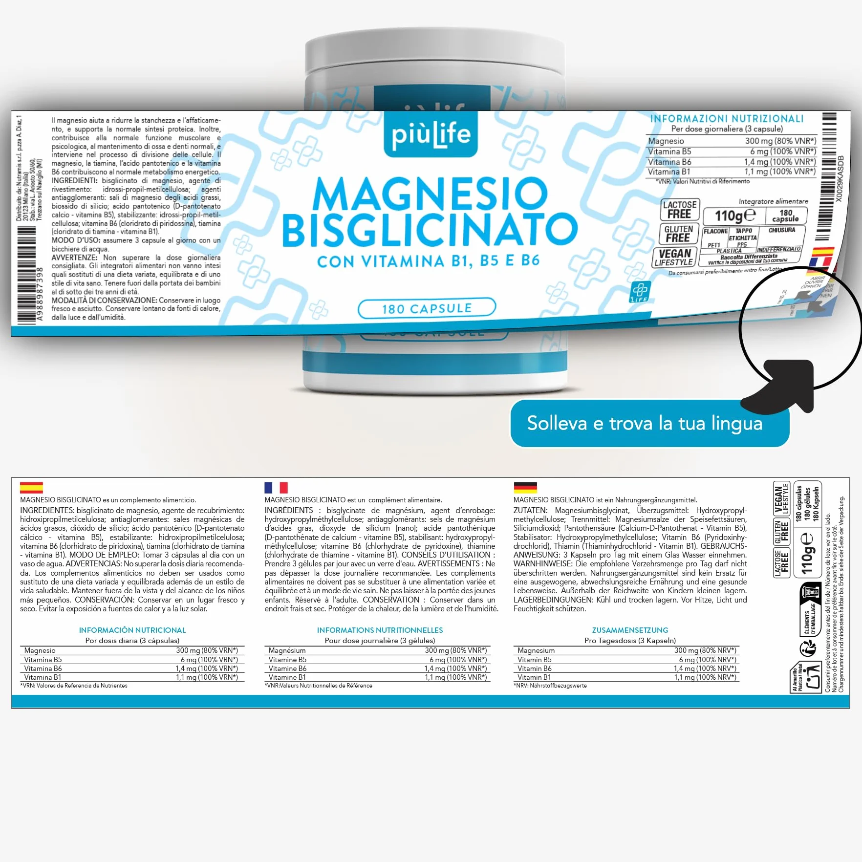 PiùLife Magnesio Bisglicinato 300mg con Vitamina B6 B1 B5 Integratore Alta Biodisponibilità per Muscoli Ossa Sistema Nervoso Stress