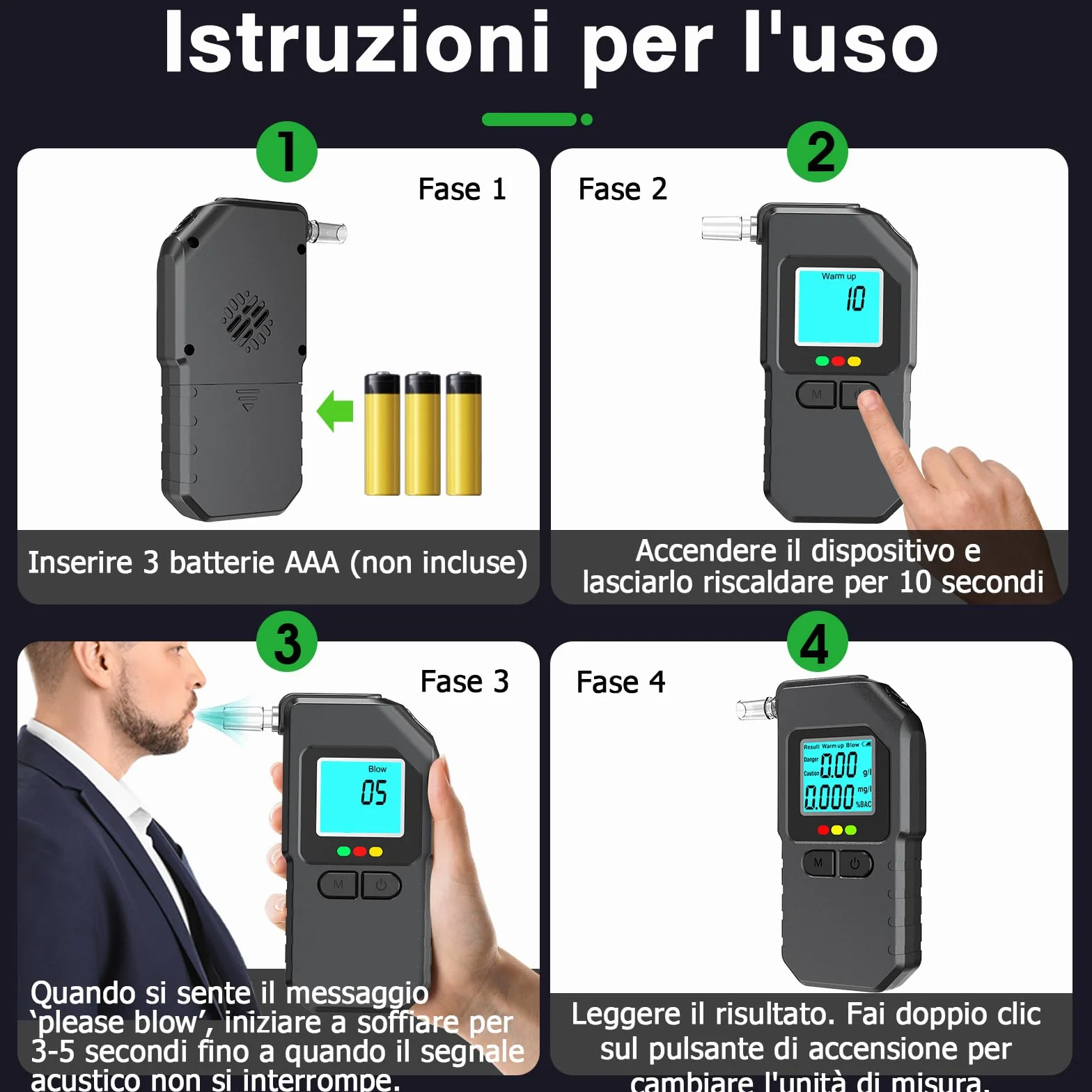 Etilometro Portatile Certificato Professionale Digitale con Display LED 20 Bocchette