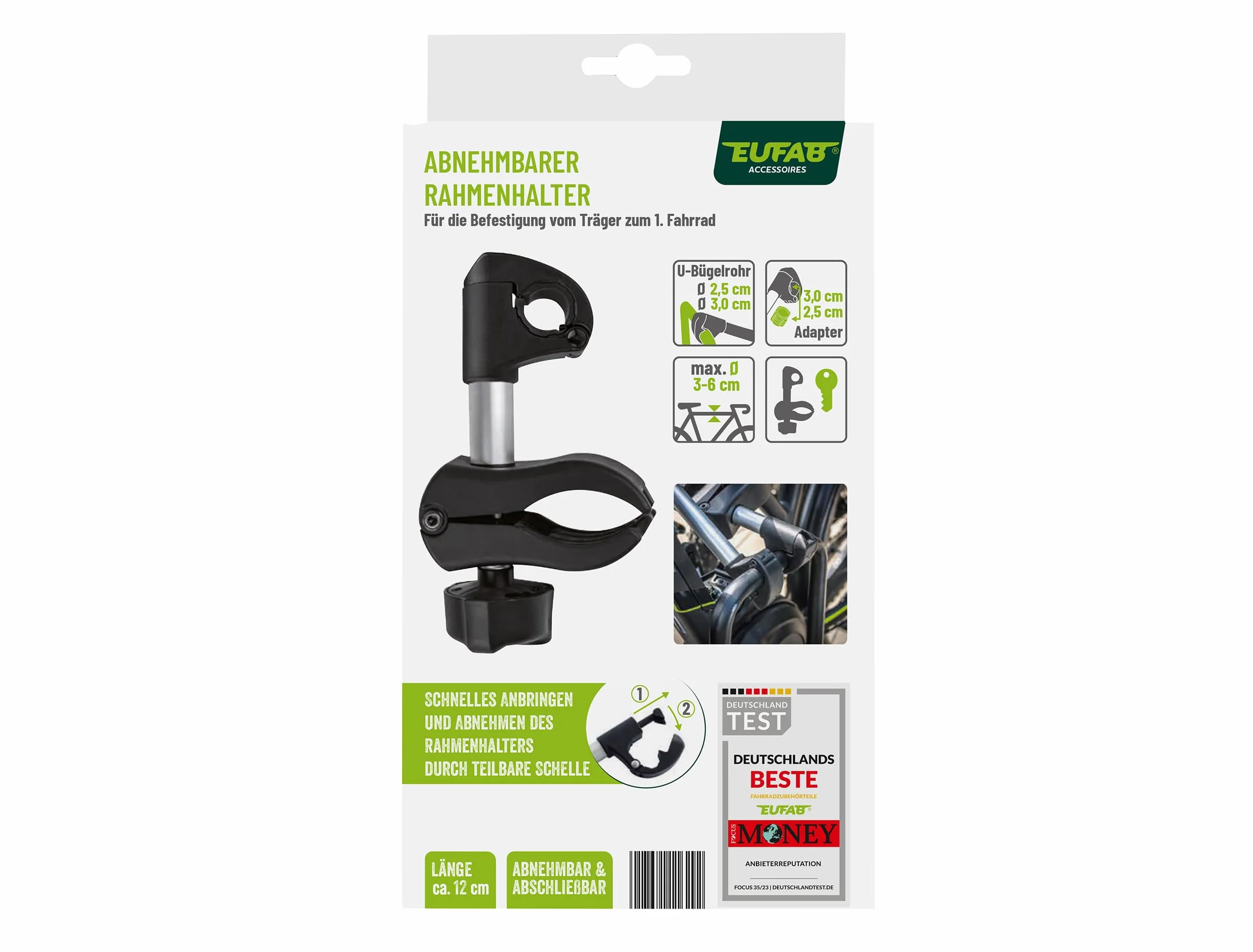 EUFAB 11629 - Supporto per telaio rimovibile, corto, Ø 25 + 30 mm, nero/argento