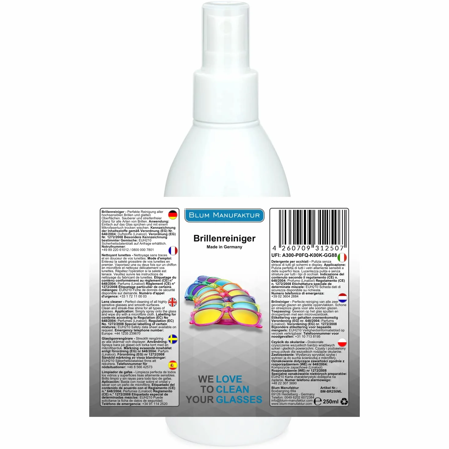 Blum Manufaktur Detergente spray per occhiali 250 ml con panno in microfibra 30 x 30 cm Made in Germany