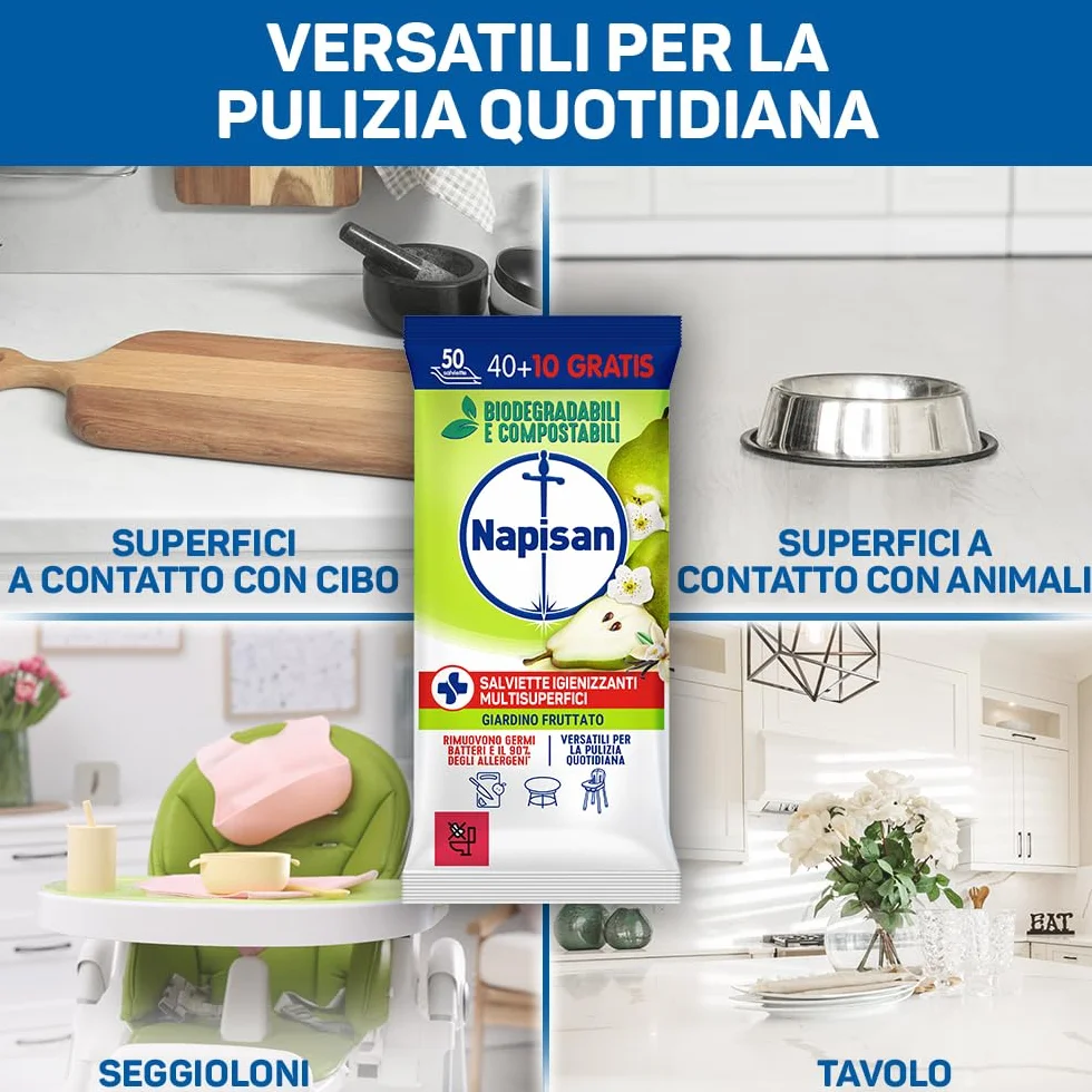 Napisan Salviette Igienizzanti Multisuperfici Giardino Fruttato, Confezione da 400 Salviette Biodegradabili