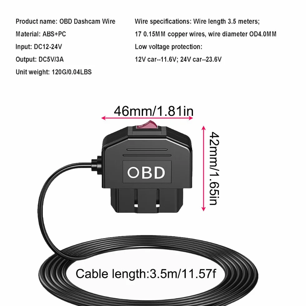 Gebildet Mini Kit Cablaggio OBD Dash Cam USB Cavo Alimentazione 12-24V 5V/3A Protezione Bassa Tensione Sorveglianza Parcheggio 24h