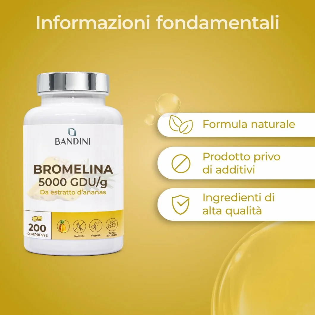 Bandini Bromelina Forte 5000 GDU/g Gastroprotetta 200 Compresse, Enzima Digestivo, Estratto di Ananas, Bromelina Strong, Pura, Alto Dosaggio, Vegano