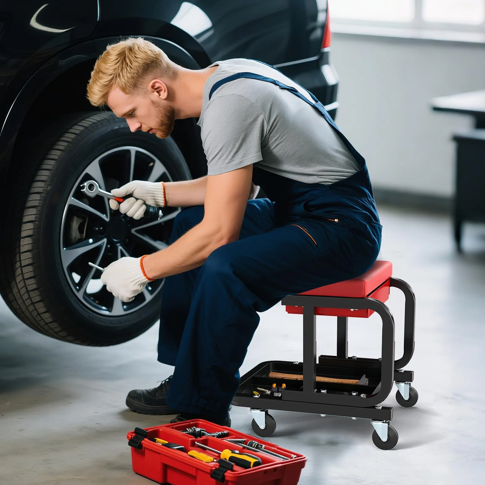 COSTWAY Sgabello da Officina con Ruote, Sedia Meccanico Imbottita, Cassetto e Vassoio, 185 kg, Rosso