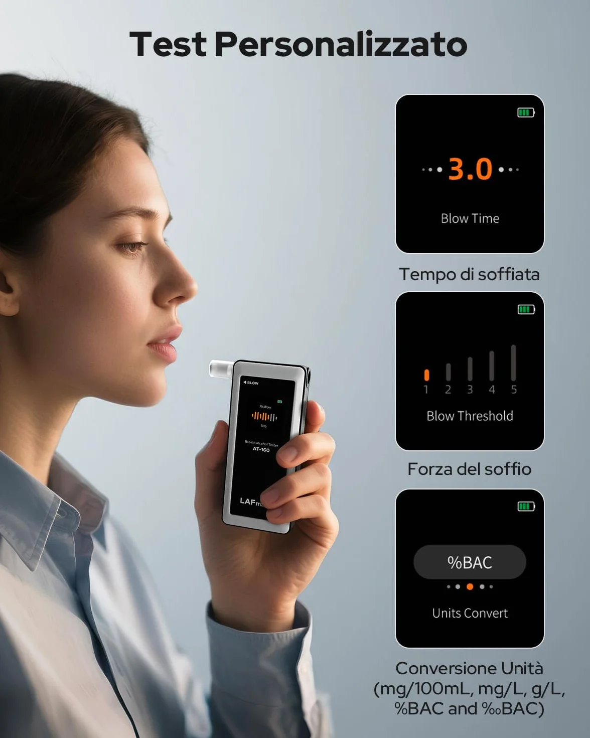 Etilometro AT-160, Alcolometro ad Alta Precisione con Impostazioni della Soglia di Allarme, Alcol Tester con Display Digitale LCD, Archiviazione Dati, 10 Bocchini - per Uso Domestico