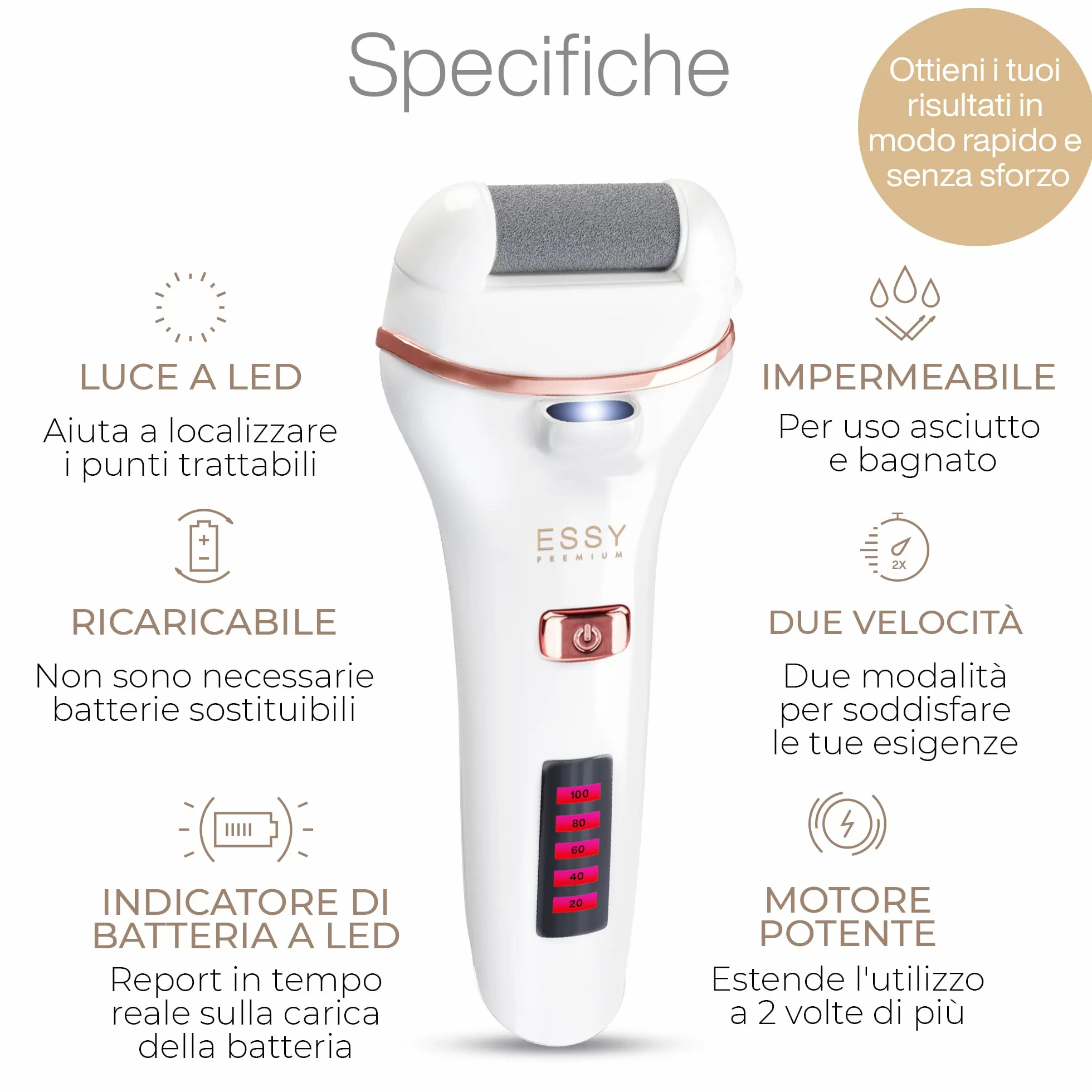Essy Levigatore Elettrico per Piedi con 5 Rulli di Ricambio, Lima Ricaricabile per Rimozione Calli, 2 Velocità, Display LED, Ricarica USB, Kit Pedicure Bianco