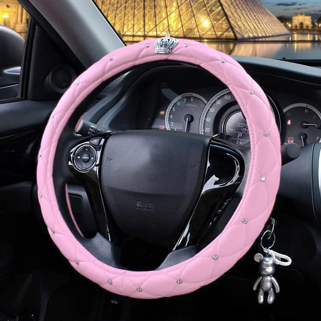 Coprivolante in Pelle Universale 38cm Copri Volante Brillantato Strass Antiscivolo Copristerzo Brillantini Copertura Volante Accessori Auto Interno Donna (Rosa)