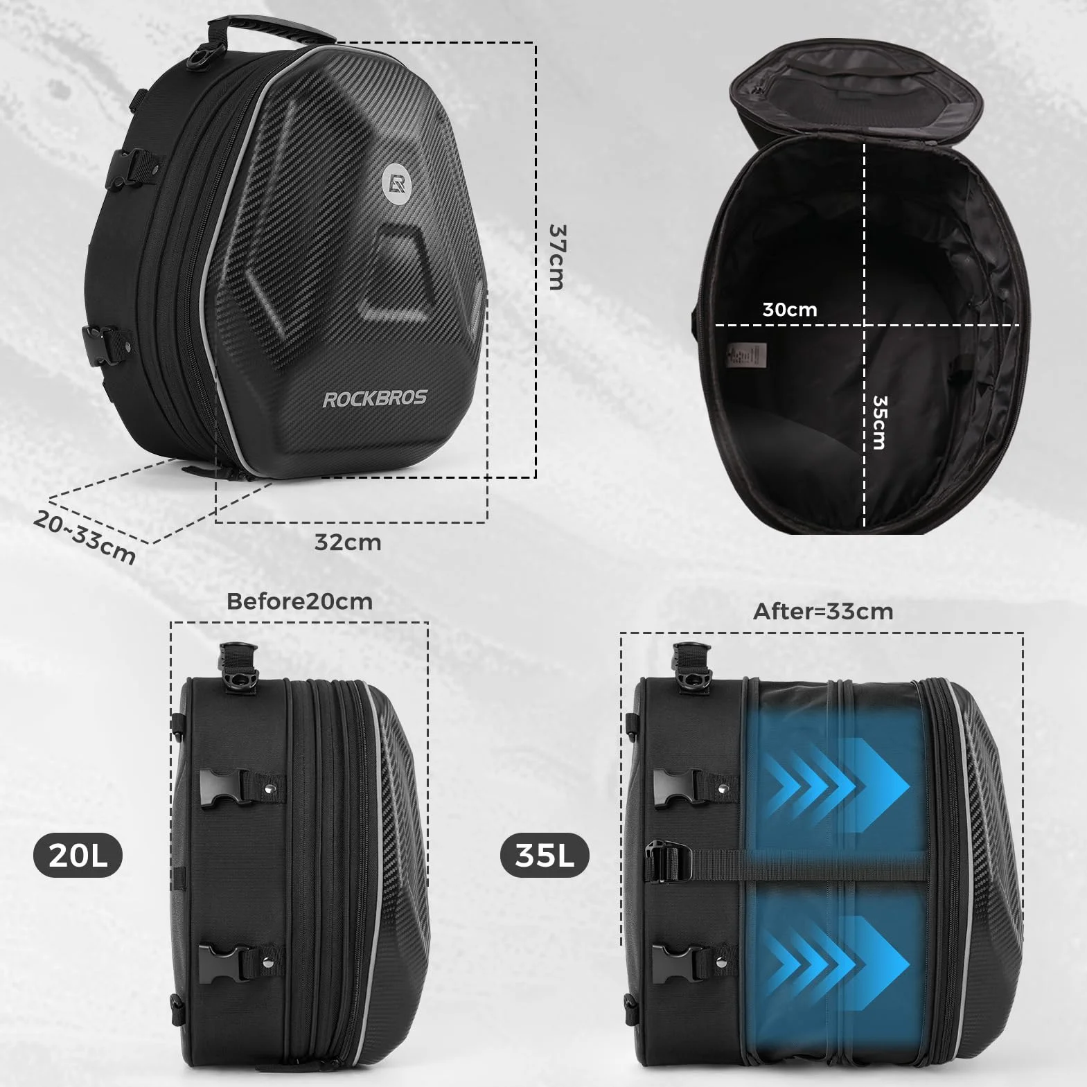 ROCKBROS Borsa Sella Posteriore Moto Zaino Guscio Rigido EVA Capacità Espandibile 20-35 L Copertura Antipioggia