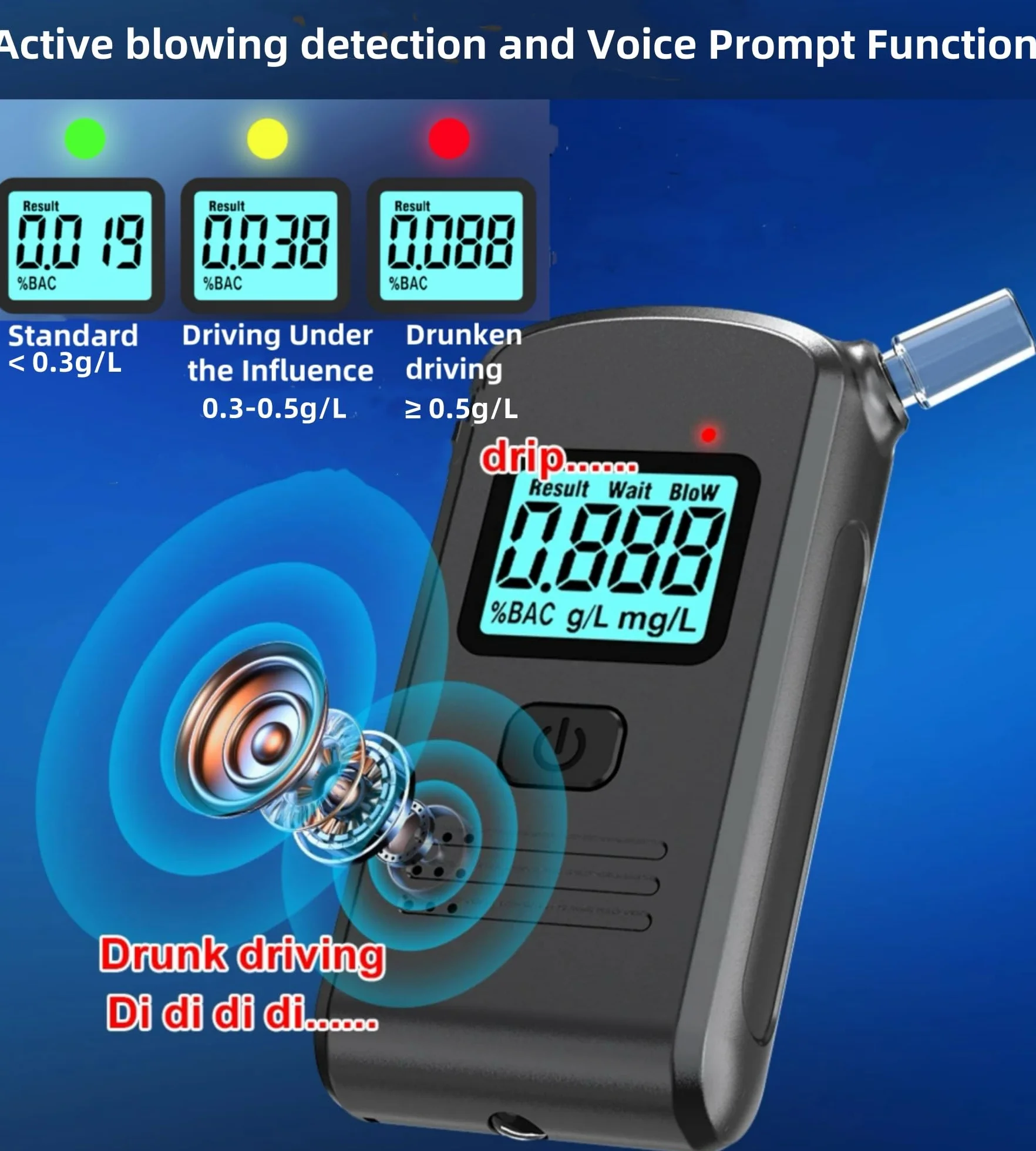 Etilometro Portatile Certificato，Apparecchio per la Prova di Alta Precisione dell’Alcol 20 Bocchini per Test Alcolemico Respiratorio Etilometro Portatile， per Uso Domestico e per Feste
