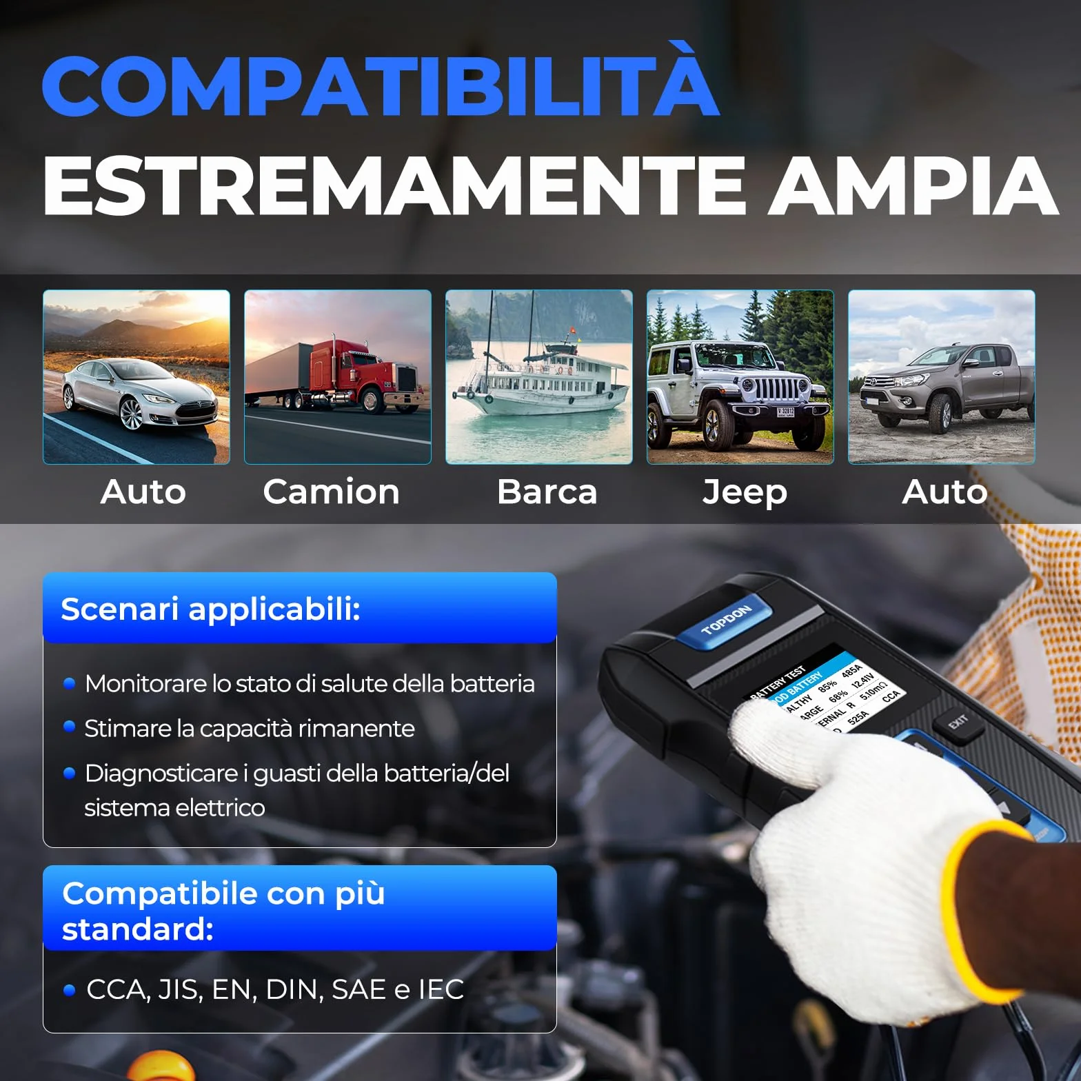 TOPDON Tester Batteria Auto BT300P, 12V 24V 100-2000 CCA Tester per Batterie con Stampante Incorporata, per Test Batterie/Caricabatterie/Sistemi di Ricarica, Adatto per Auto/Solidi/Autocarri Leggeri