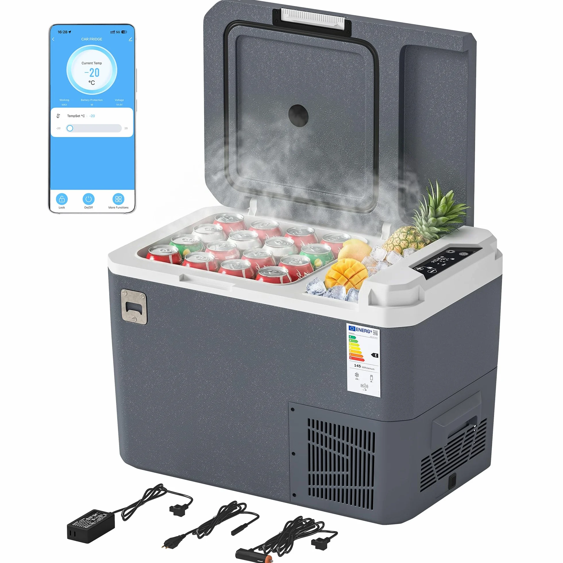 Outsunny Frigorifero Portatile per Auto 25L con Compressore, Frigo Portatile Elettrico Anti-Shock, APP Bluetooth, Maniglia, 12/24V DC e 100-240V AC, -20°C a 20°C, per Campeggio Camion Barca Camper