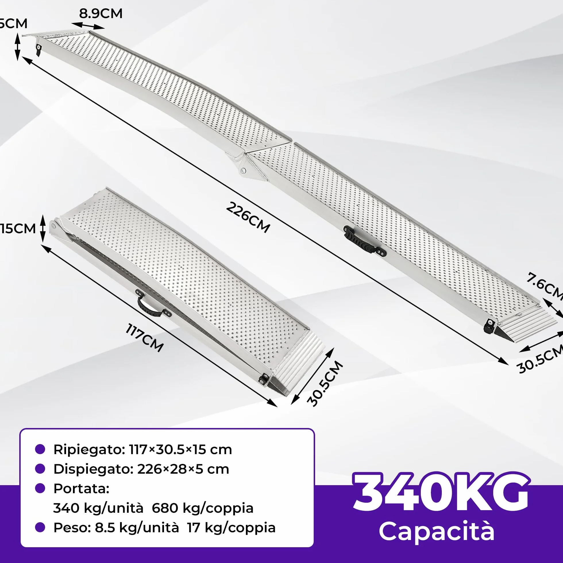 FACHNUO Rampa pieghevole in alluminio, 228 x 28 cm, portata 340 kg, per moto, quad, pick-up con manico portatile, superficie antiscivolo, salvaspazio (1 pezzo, argento)