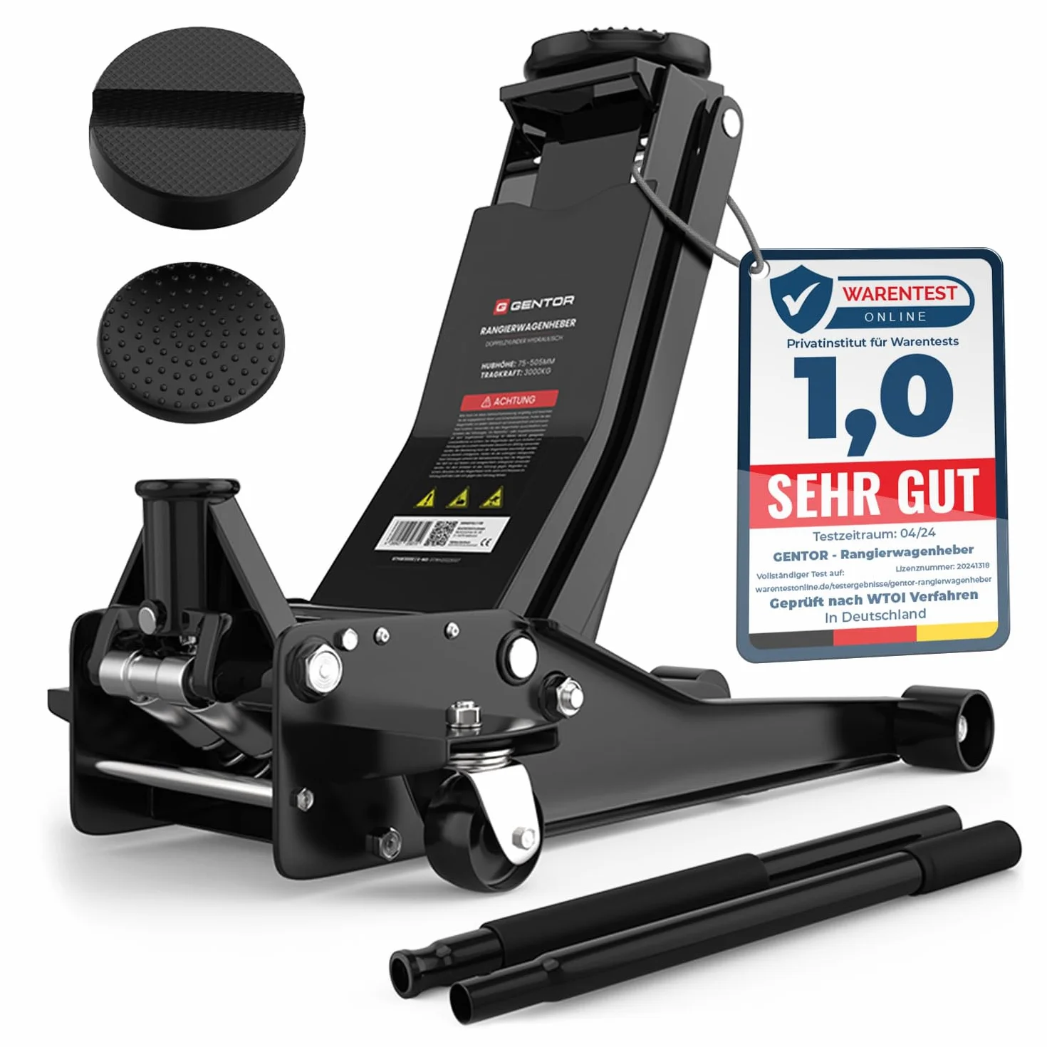 Cric Idraulico 3T 75 505 mm Professionale Auto SUV Sollevatore Pesante Ruote 360° Nero