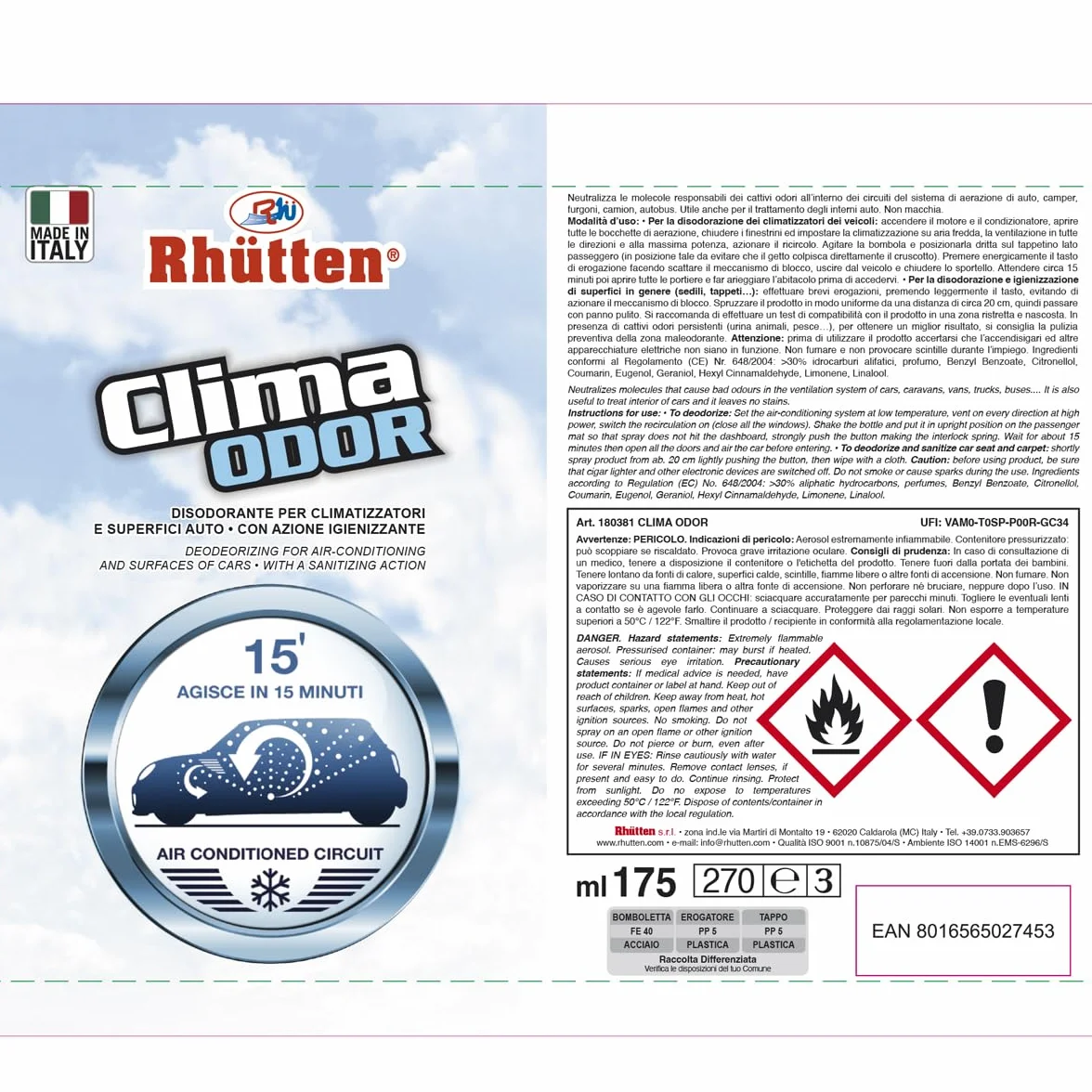 Clima Odor Detergente Igienizzante e Disodorante per Clima Auto, 175ml