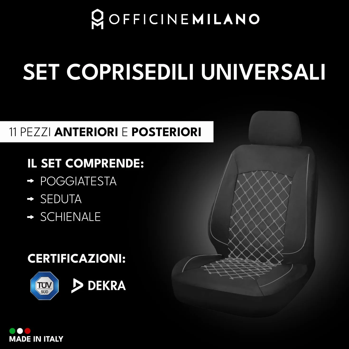 OFFICINE MILANO Coprisedili Auto Universali 11 Pezzi Antiscivolo Elasticizzato Trapuntato Poliestere