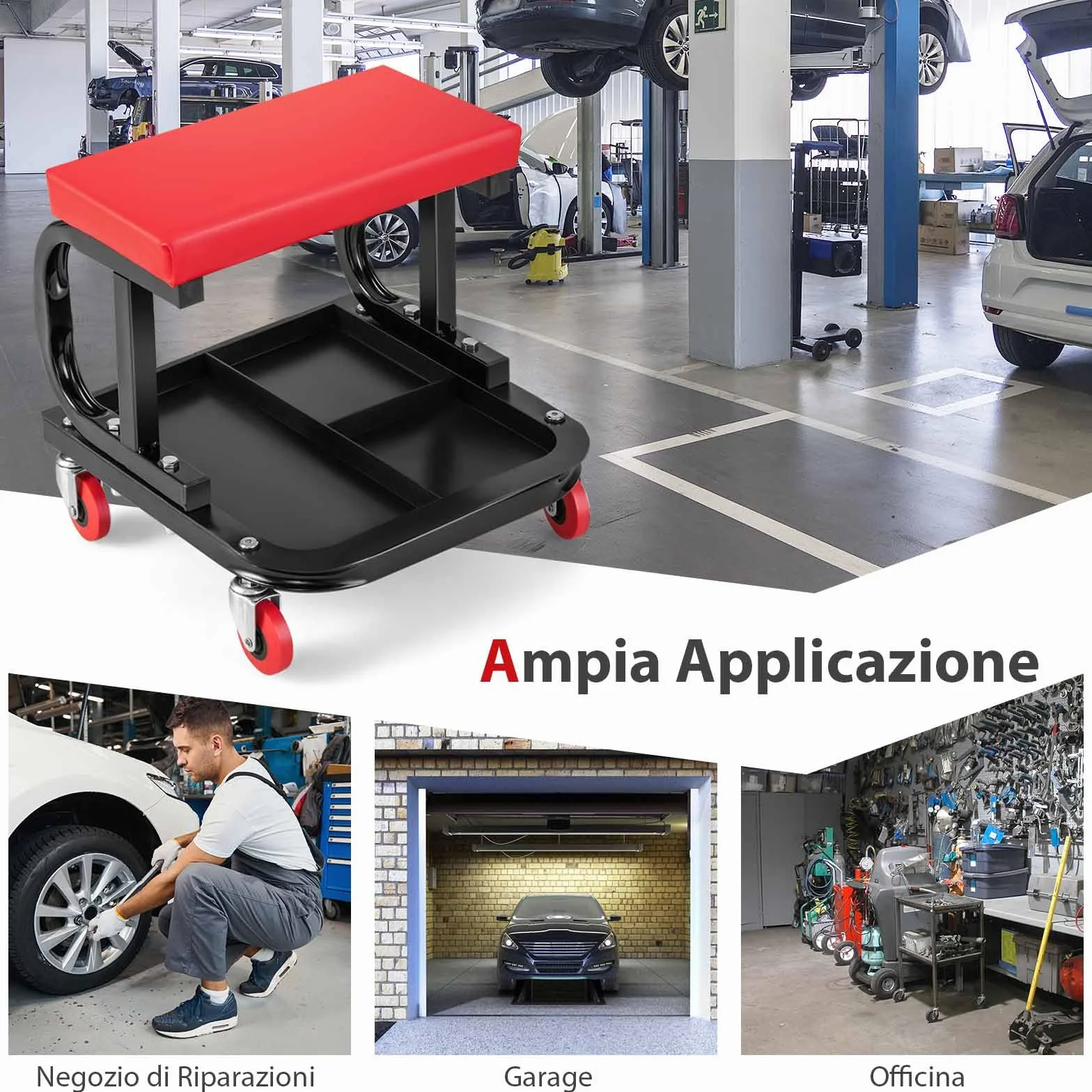 COSTWAY Sgabello da Officina con Ruote, Sgabello da Meccanico con Sedile Imbottito e Vassoio Porta Attrezzi, capacità di Carico 150 kg