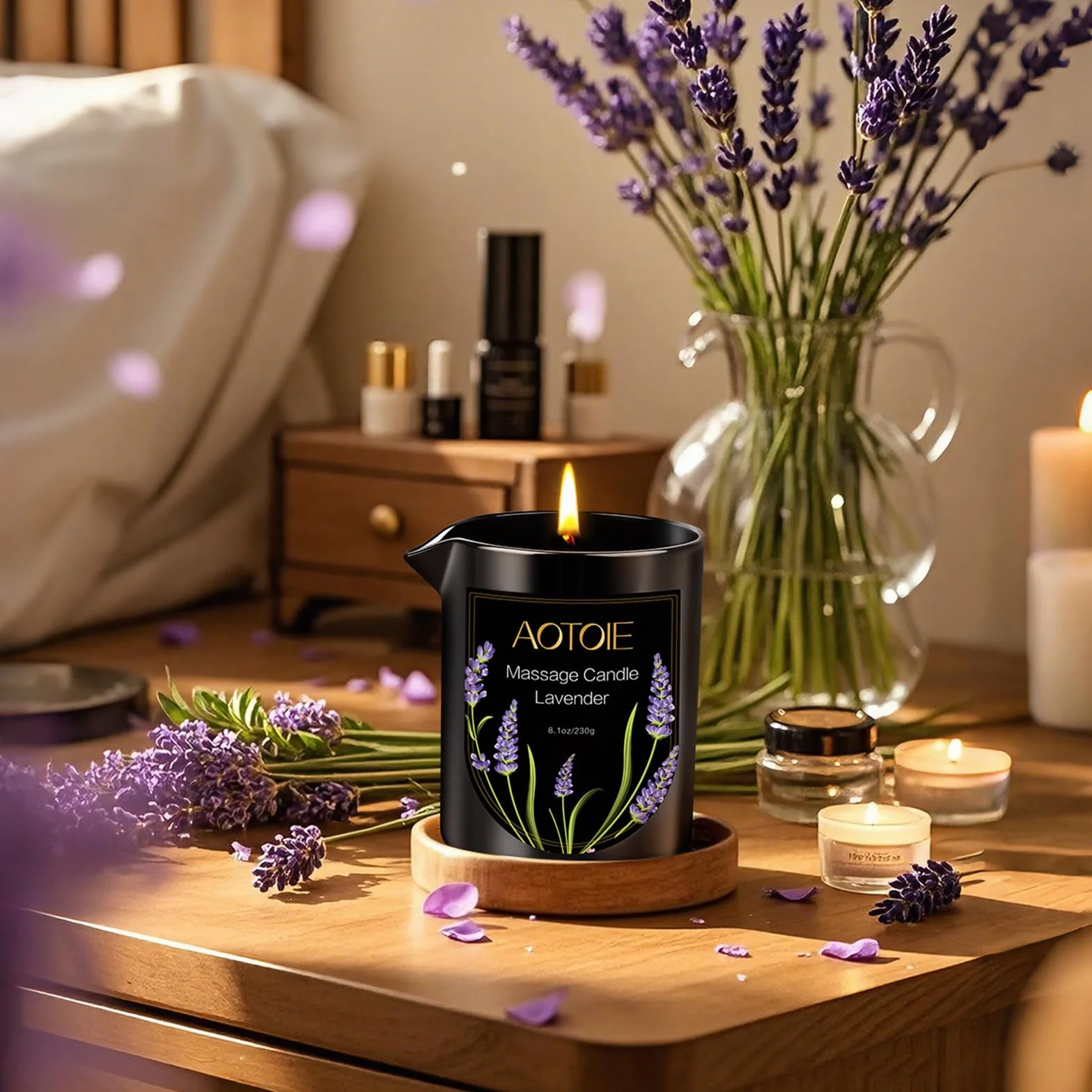 Candela Massaggio 240ml Olio di Lavanda, Candela Profumata Bassa Temperatura, Olio Massaggio Naturale per Relax SPA