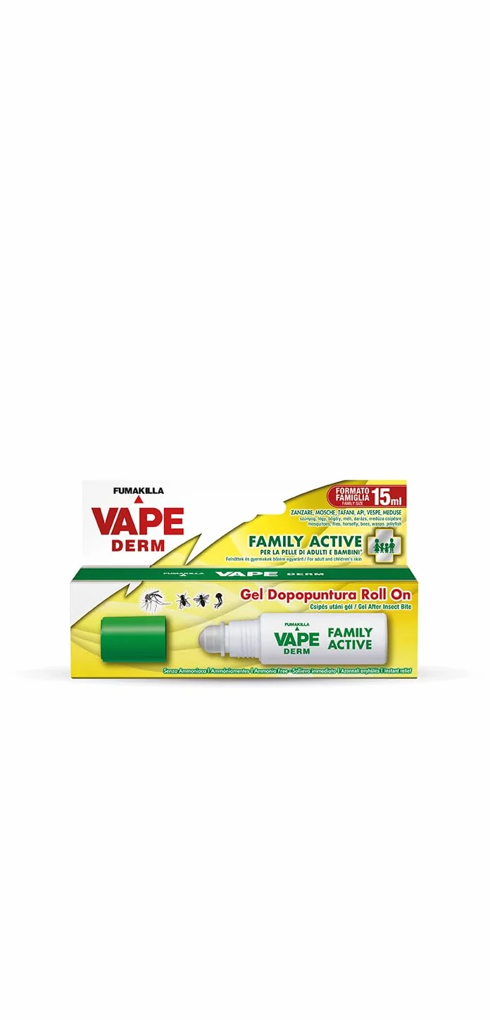 FUMAKILLA VAPE DERM FAMILY ACTIVE GEL DOPOPUNTURA Roll On 15ml, Prodotto cosmetico lenitivo e rinfrescante per punture di insetto