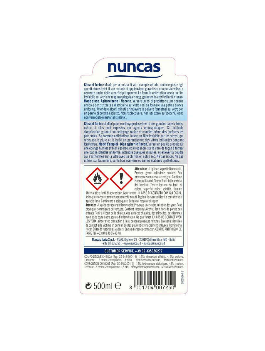 Nuncas Glasnet Crema Detergente Grandi Vetri e Vetrate Forte 500ml
