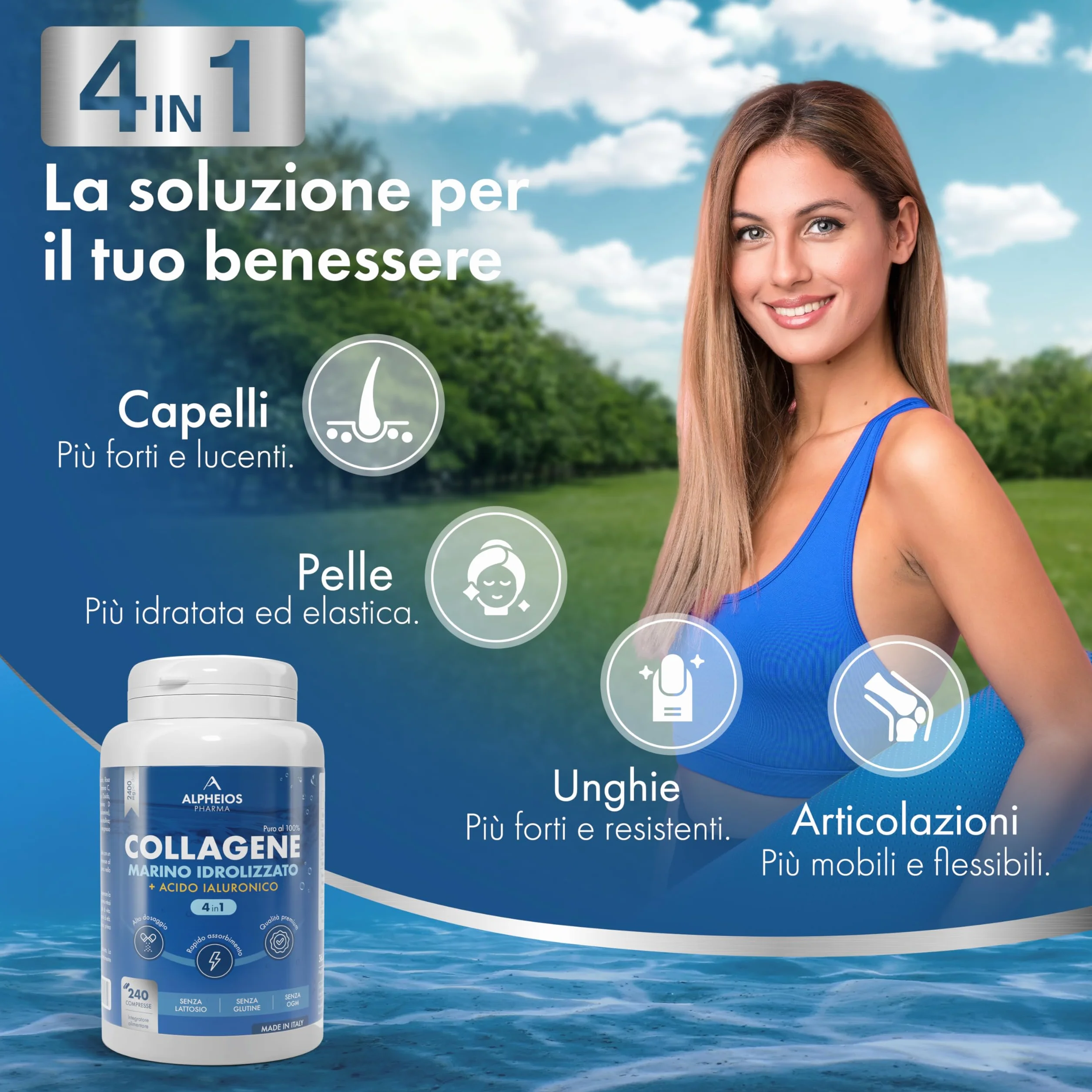 Collagene Marino con Acido Ialuronico 240 Compresse 2400mg Integratore Biotina Zinco Selenio Vitamina C Coenzima Q10
