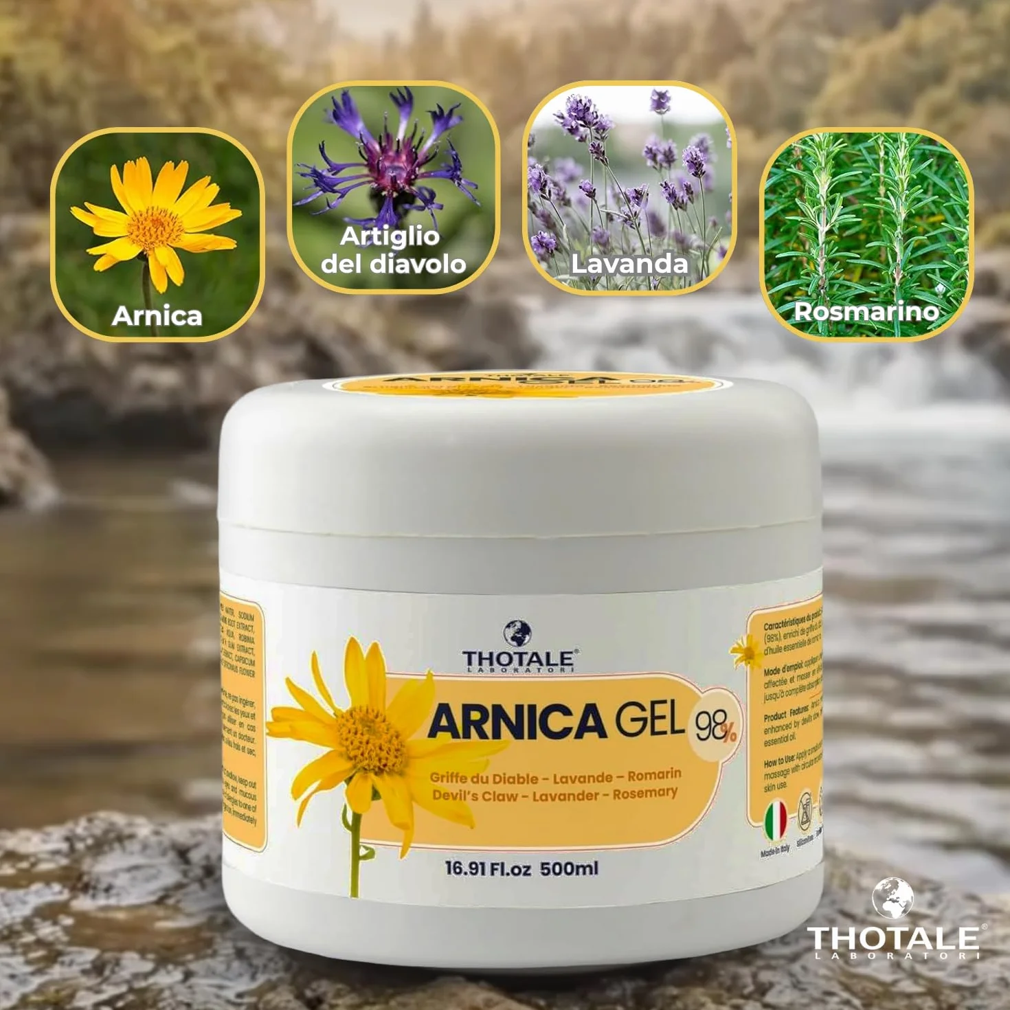 Arnica Gel Extra Forte 98% per Cavalli Uso Umano e Artiglio del Diavolo 500 ml, Crema Massaggi Muscoli Articolazioni Effetto Freddo, Made in Italy