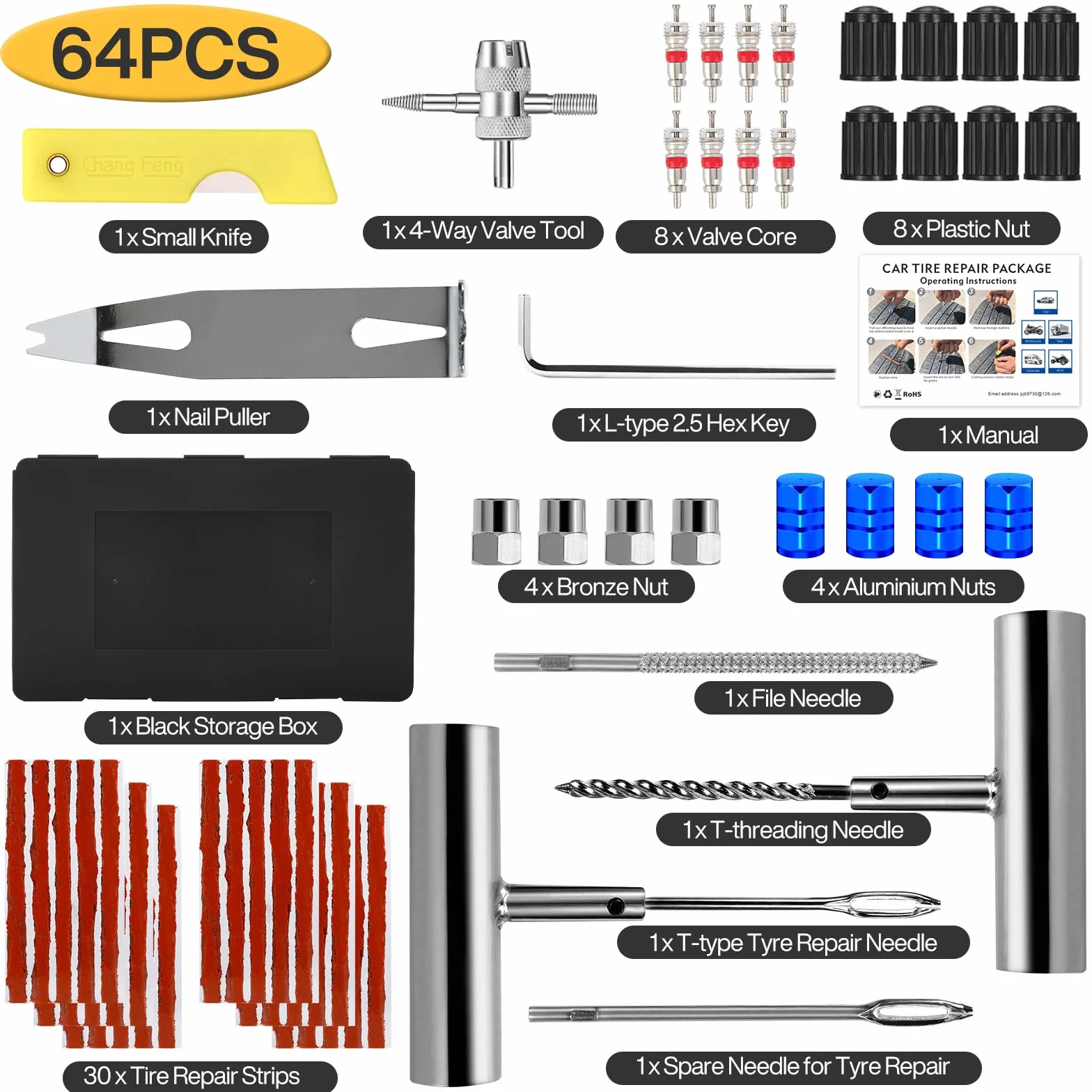 Kit Riparazione Pneumatici Auto Moto 64 Pezzi Ripara Gomme Foratura Nero