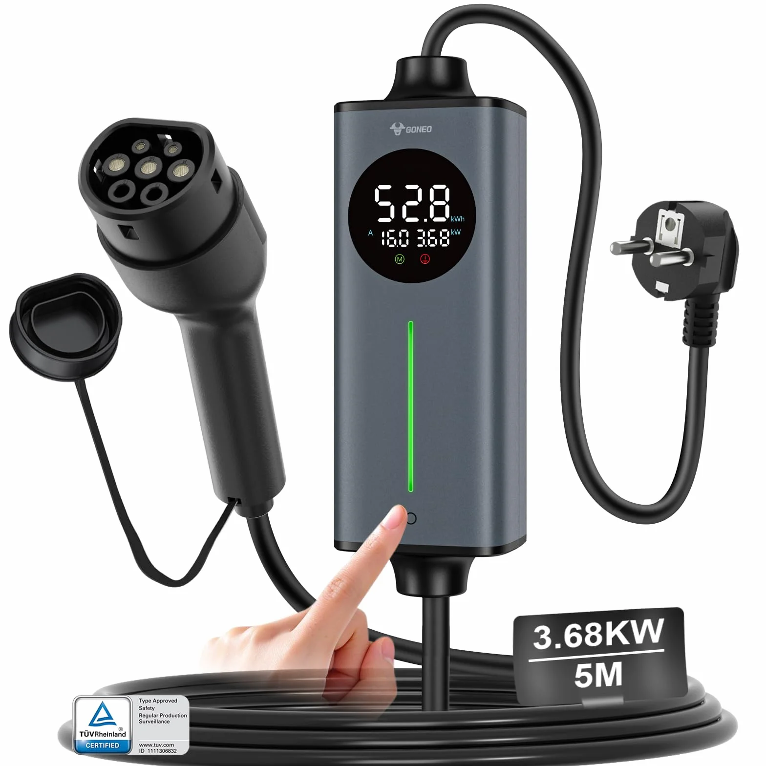 Cavo Ricarica Auto Elettrica Tipo 2 Schuko 16A 3,68kW Monofase 5M Caricatore Domestico VE