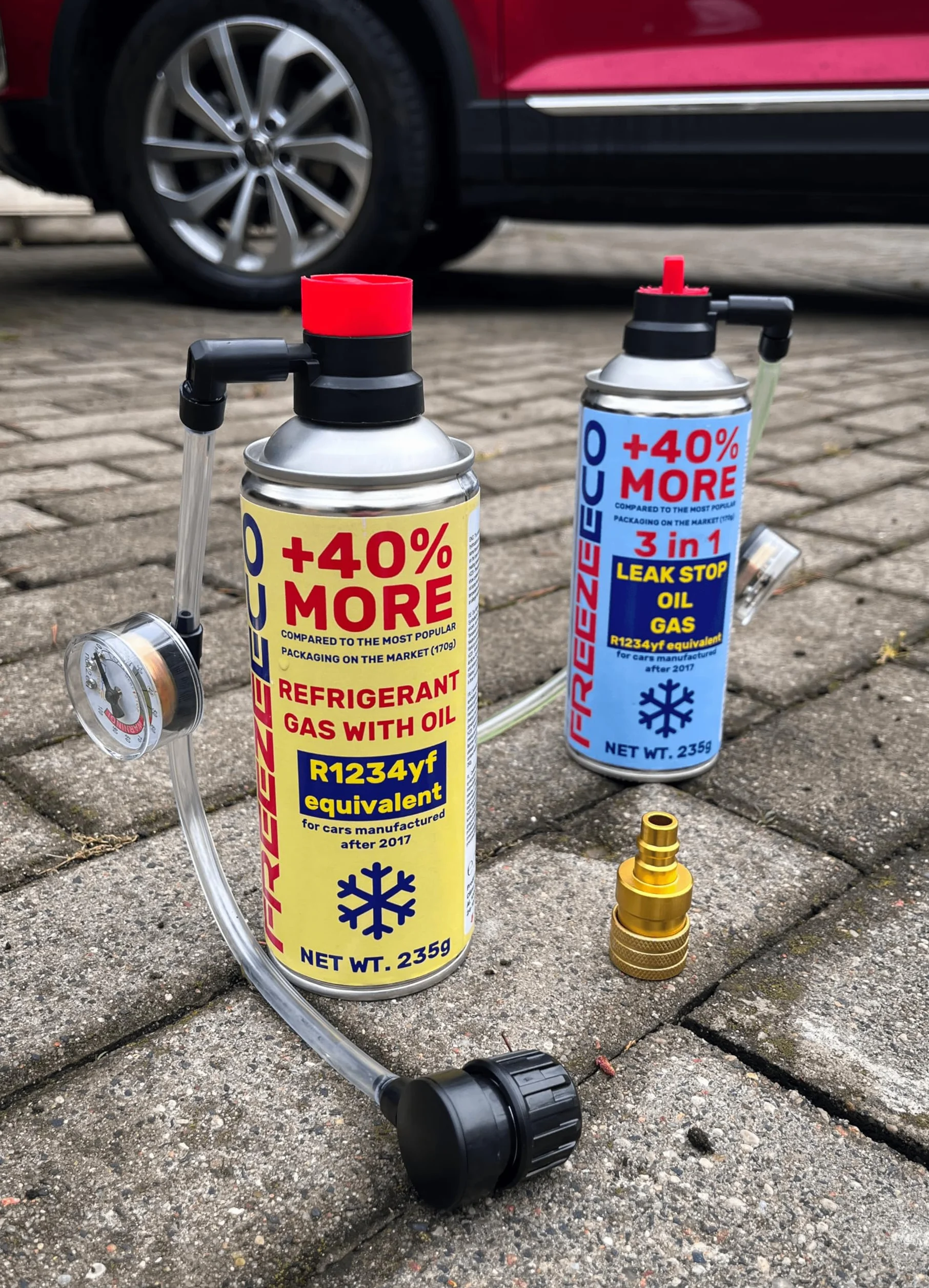 sostitutivo gas r1234yf, kit ricarica, ricarica aria condizionata auto, FREEZEECO 3in1 HOBBY con tubo flessibile integrato con manometro e adattatore