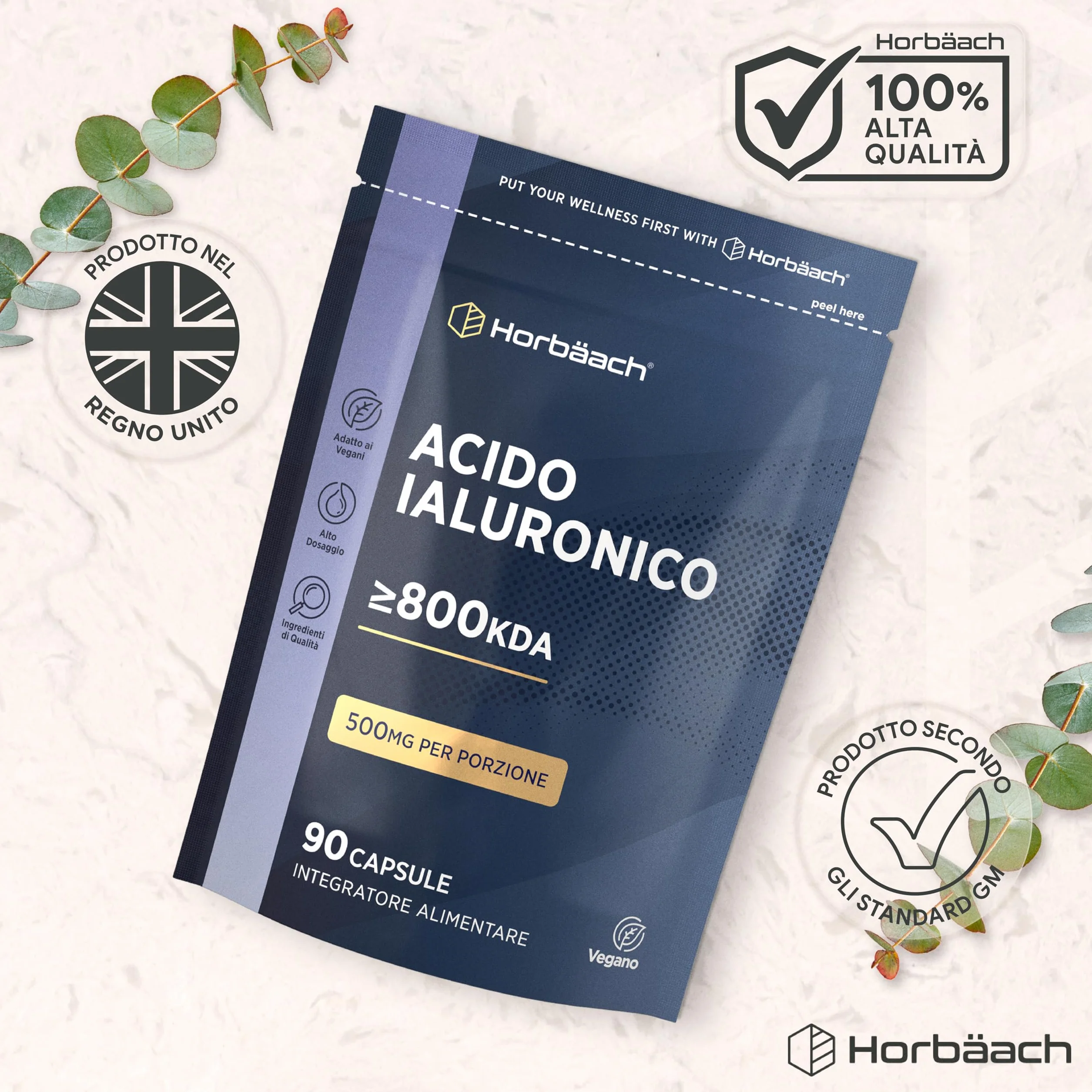 Horbaach Acido Ialuronico Compresse 500mg 90 Capsule Vegane Alto Dosaggio