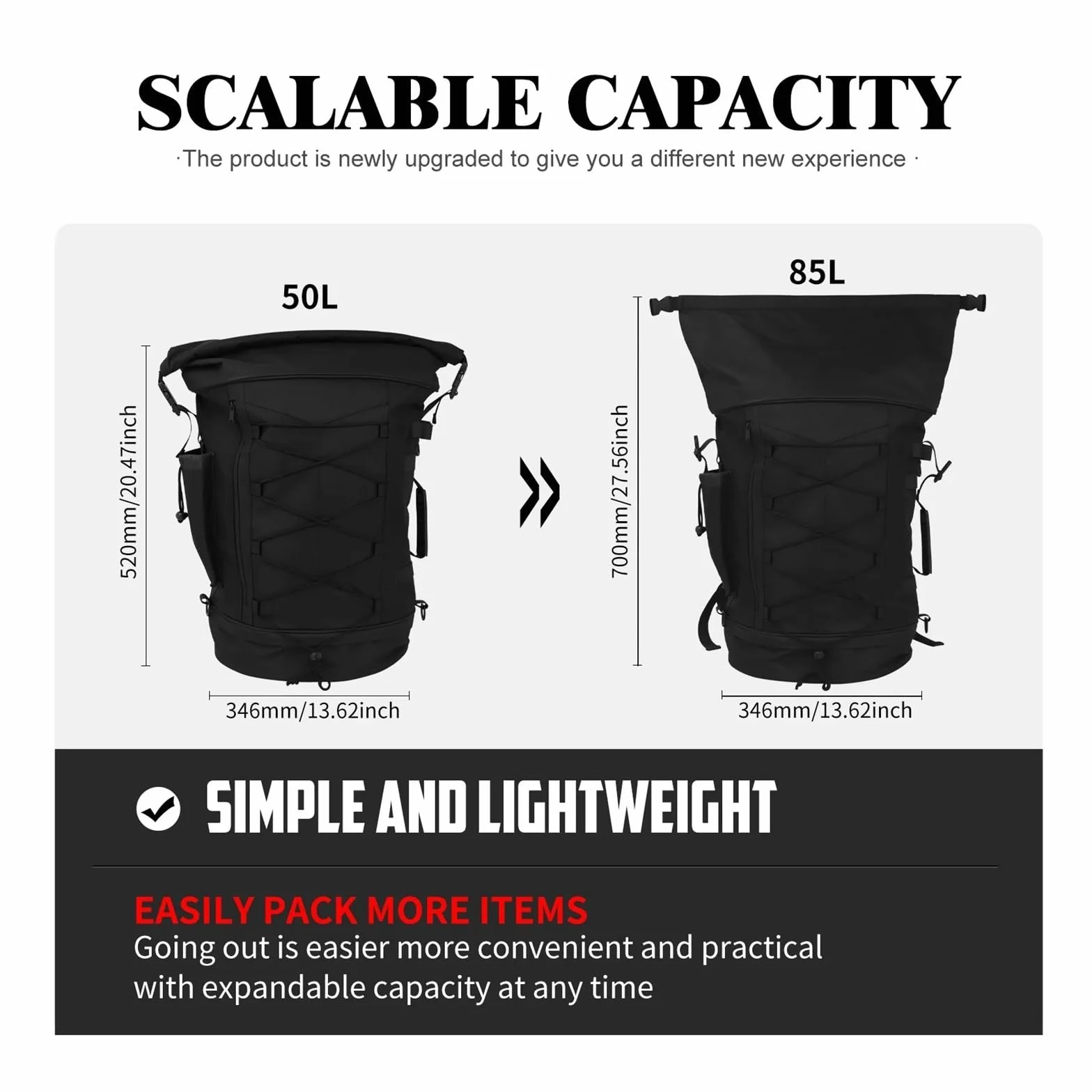 Borsa Moto Posteriore 50L-85L Zaino Portabagagli Sissy Bar Universale Espandibile