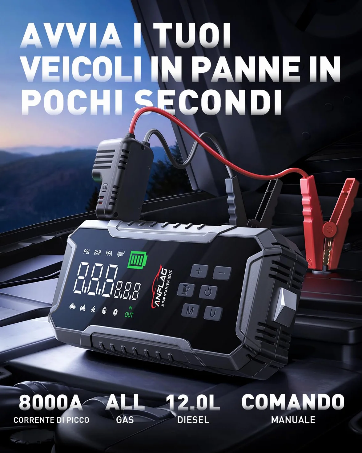 Booster Avviamento Auto 8000A, ANFLAG Avviatore Batteria Auto con Compressore 160PSI, 26800mAh Starter Batteria Auto per Tutti Gas o 12L Diesel con Ricarica Rapida USB-C/600 Lumen LED