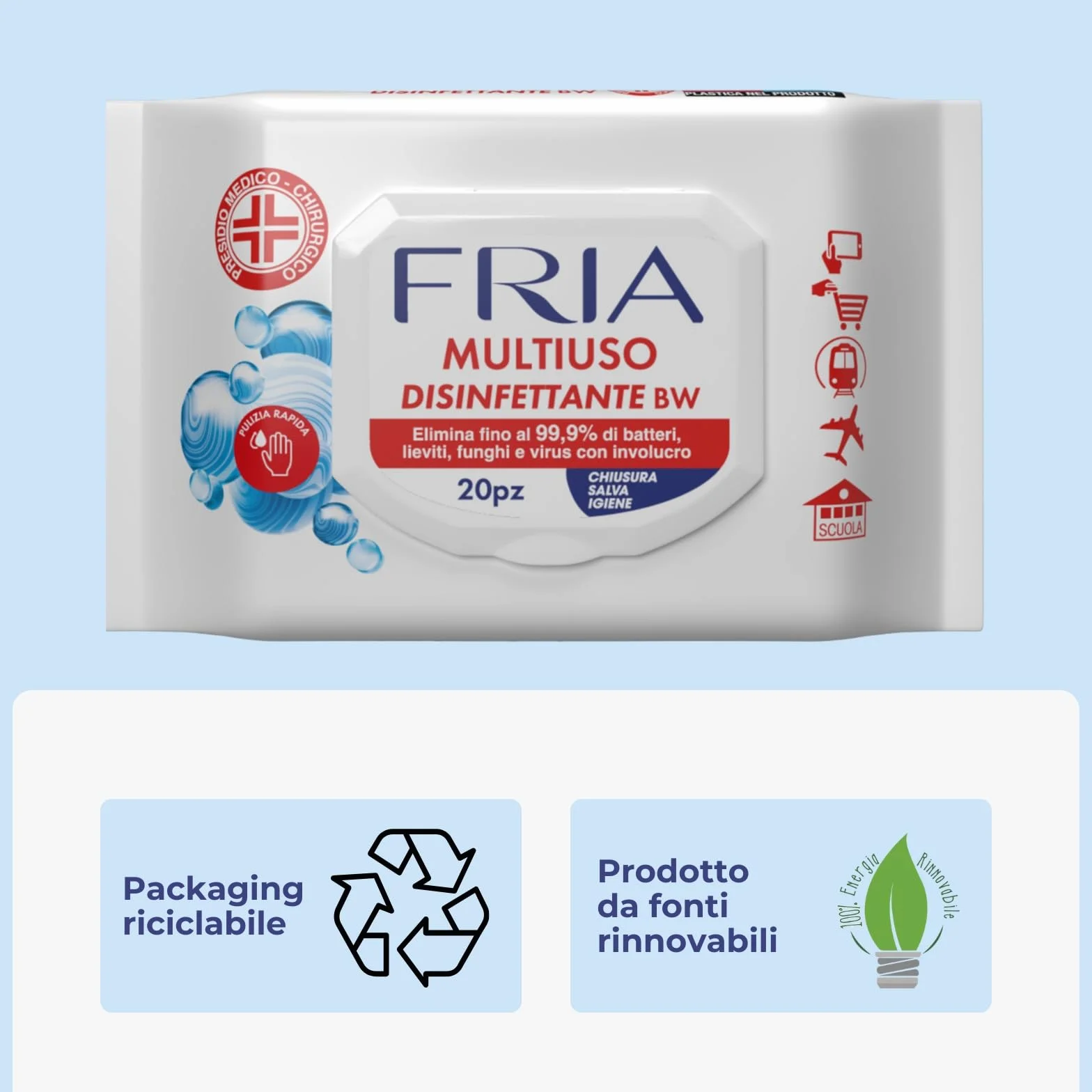 Fria Multiuso Disinfettante BW Salviette 20 Pezzi Presidio Medico Chirurgico