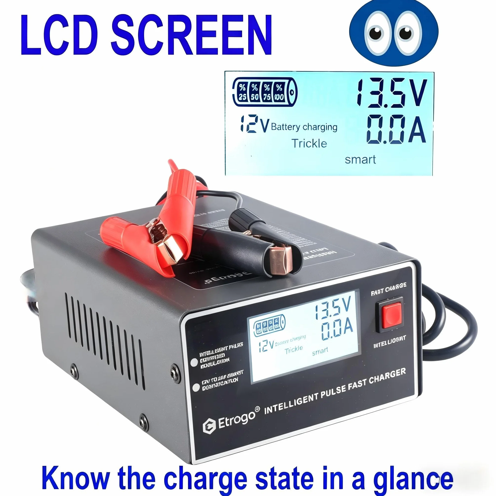 Etrogo Caricabatteria Auto 12V 24V 10A 250W Caricatore di Impulsi Intelligente con Funzione di Rilevamento Automatico Riparazione Manutenzione con Schermo LCD